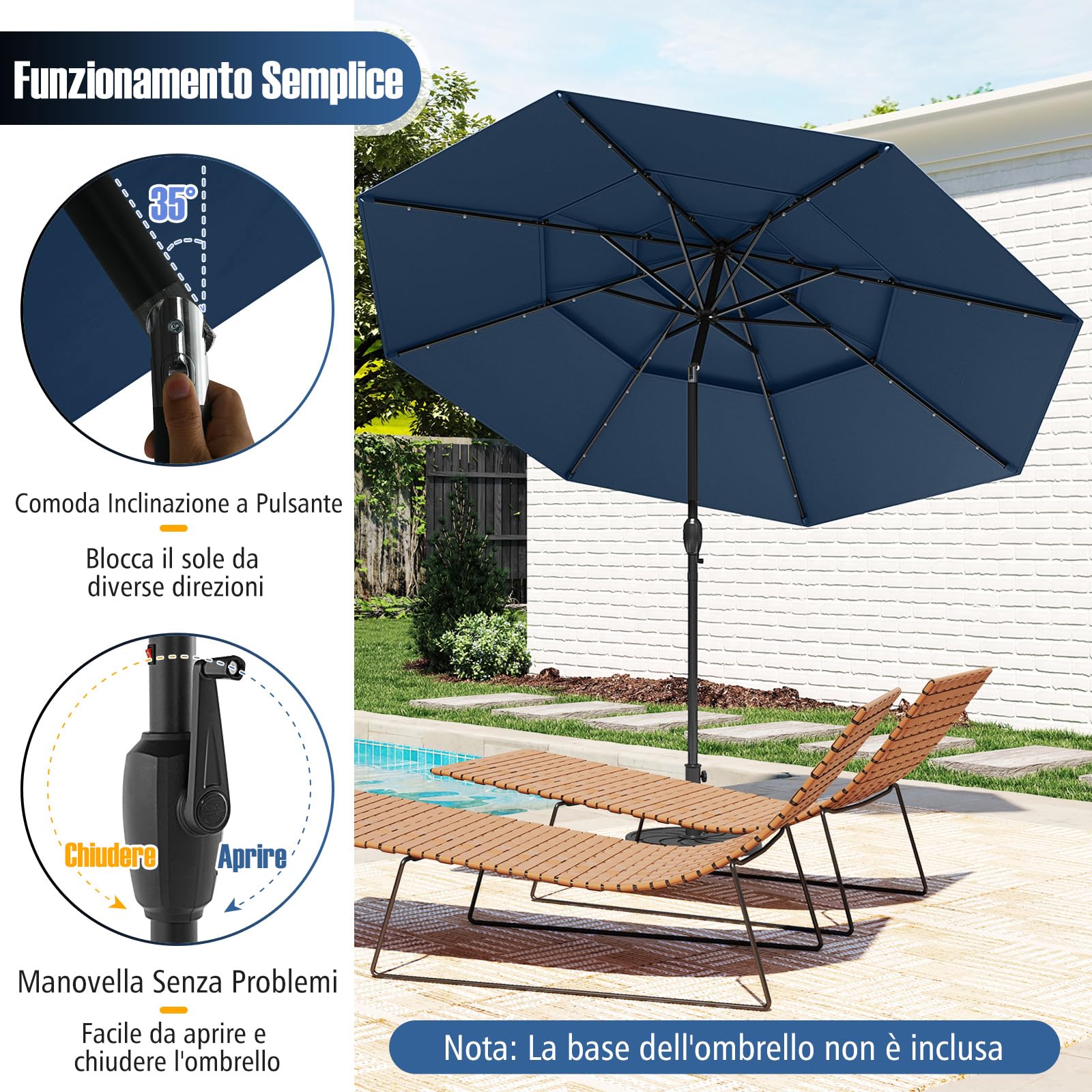 COSTWAY Ombrellone da Patio 297 cm con 32 Luci LED, Tetto Ventilato a 3 Piani, Inclinazioni Regolabili, Manovella, 8 Stecche, Ombrellone da Giardino, Piscina, Spiaggia (Blu)