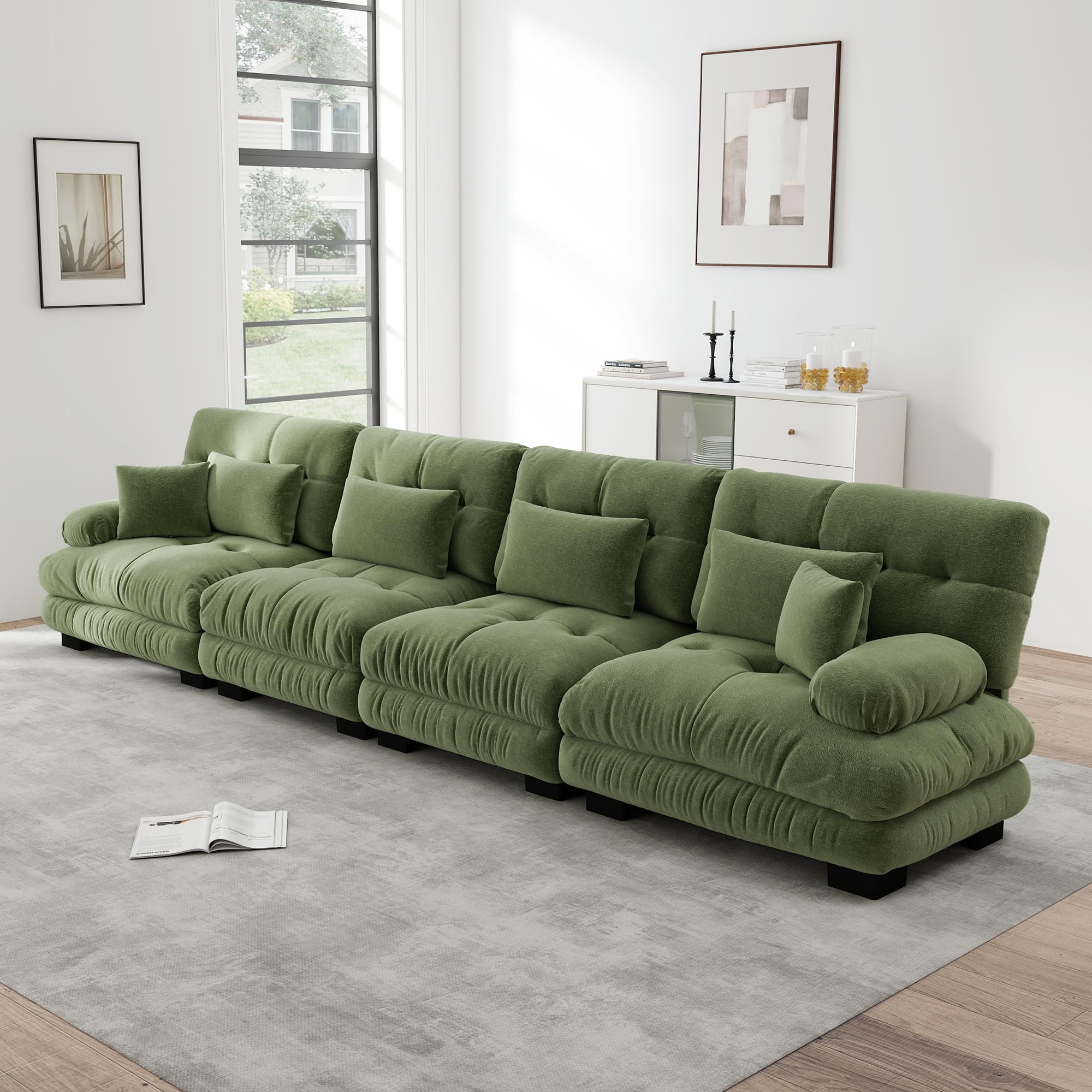 Sofá esquinero modular de 4 plazas, color verde, asiento extra profundo, sofá cama acolchado, funda de chenilla, cómodo para familias numerosas y habitaciones