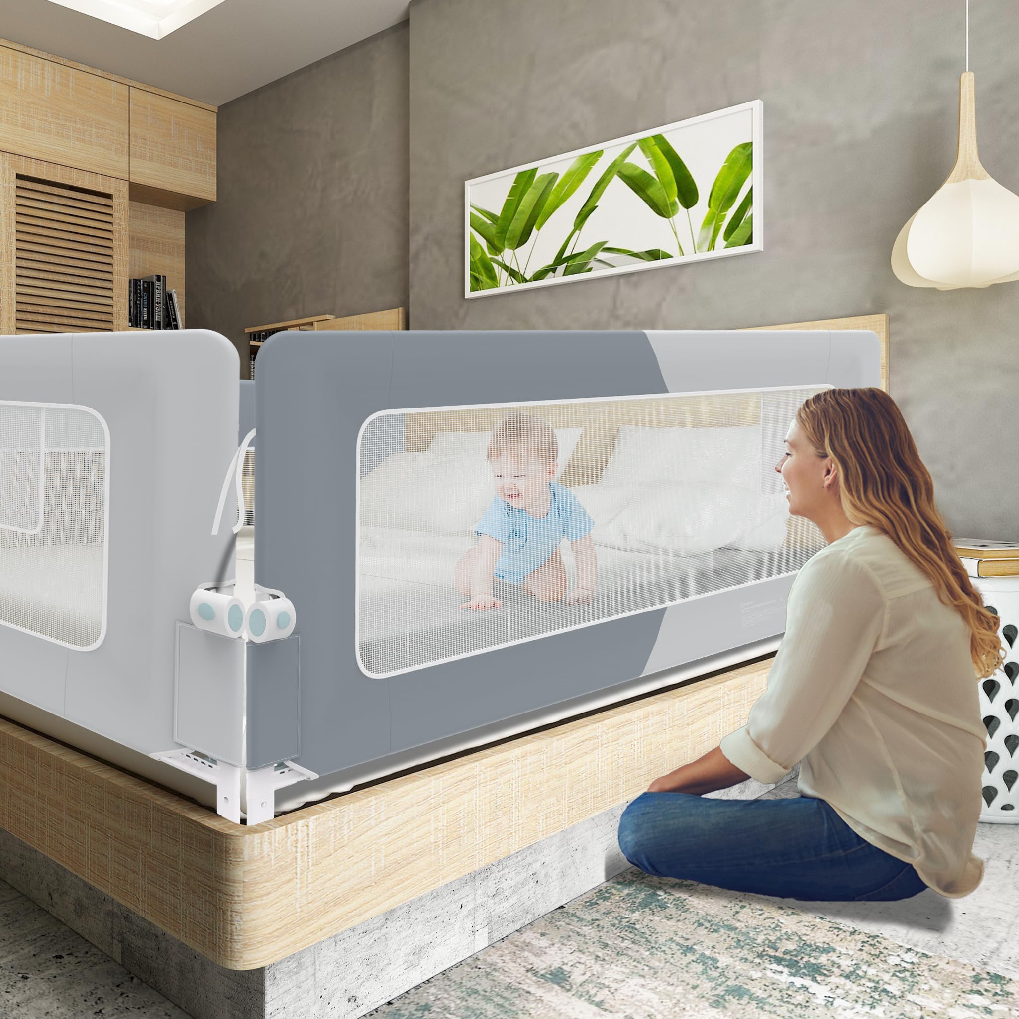 UISEBRT Barrera de cama de 200 cm, plegable, protección contra caídas, altura ajustable para cuna, transpirable, con bolsa de almacenamiento, gris oscuro