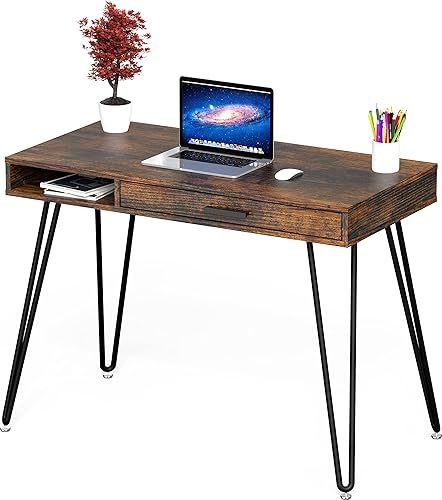 Miniatura 5 de SHW Home Office Computer Hairpin Leg Desk with Drawer, Rustic Brown Marrón (Rustic Brown),Negro -,Espresso,Blanco