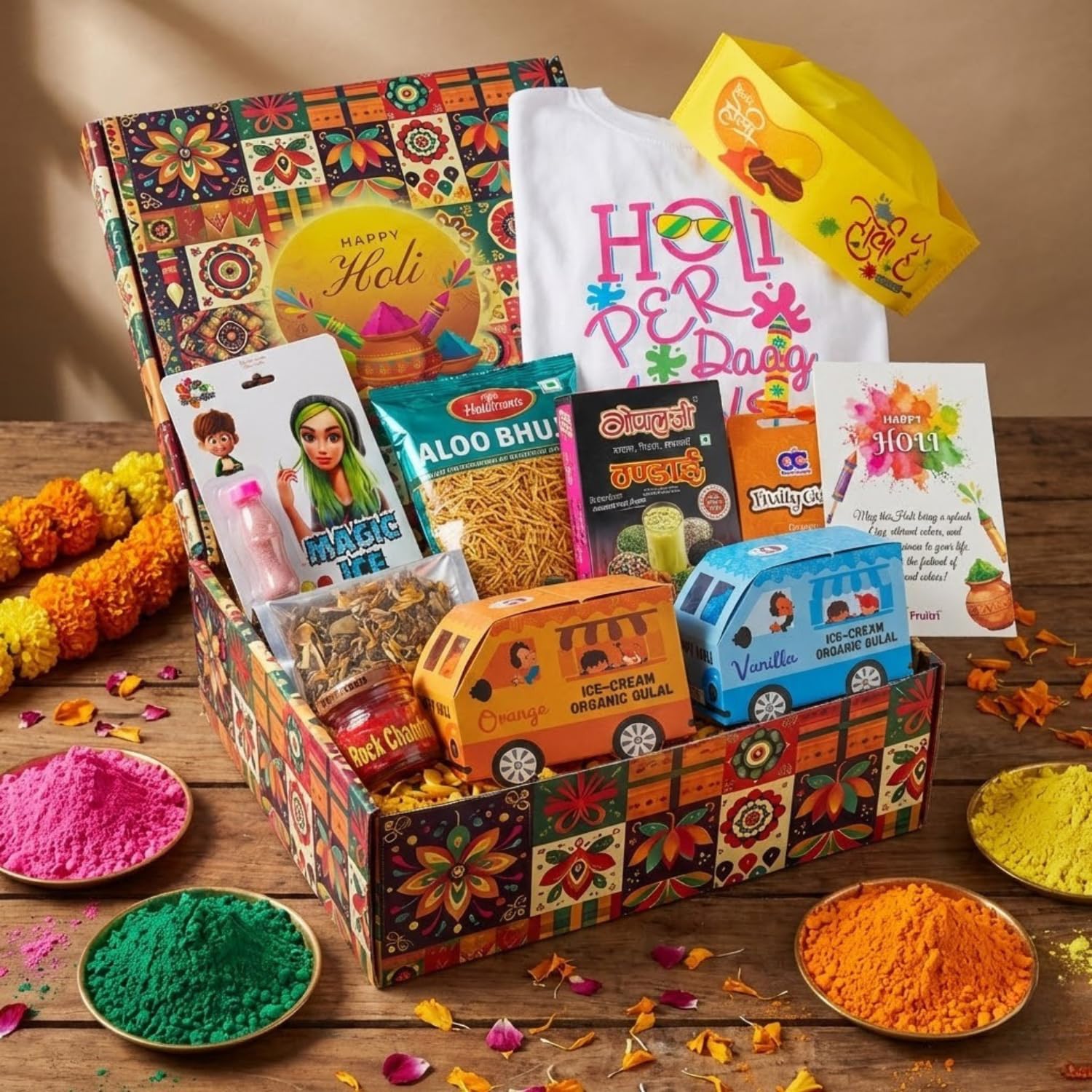 Fruitri Premium Holi Gift Hamper - 11 Item Kit with Gulal, Thandai, T-Shirt (XL) & Cap | Festive Gift Box with Magic Ice & Namkeen | Ideal Corporate Holi Gifts | Traditional Holi Gifts for Family with Greeting Card 2
