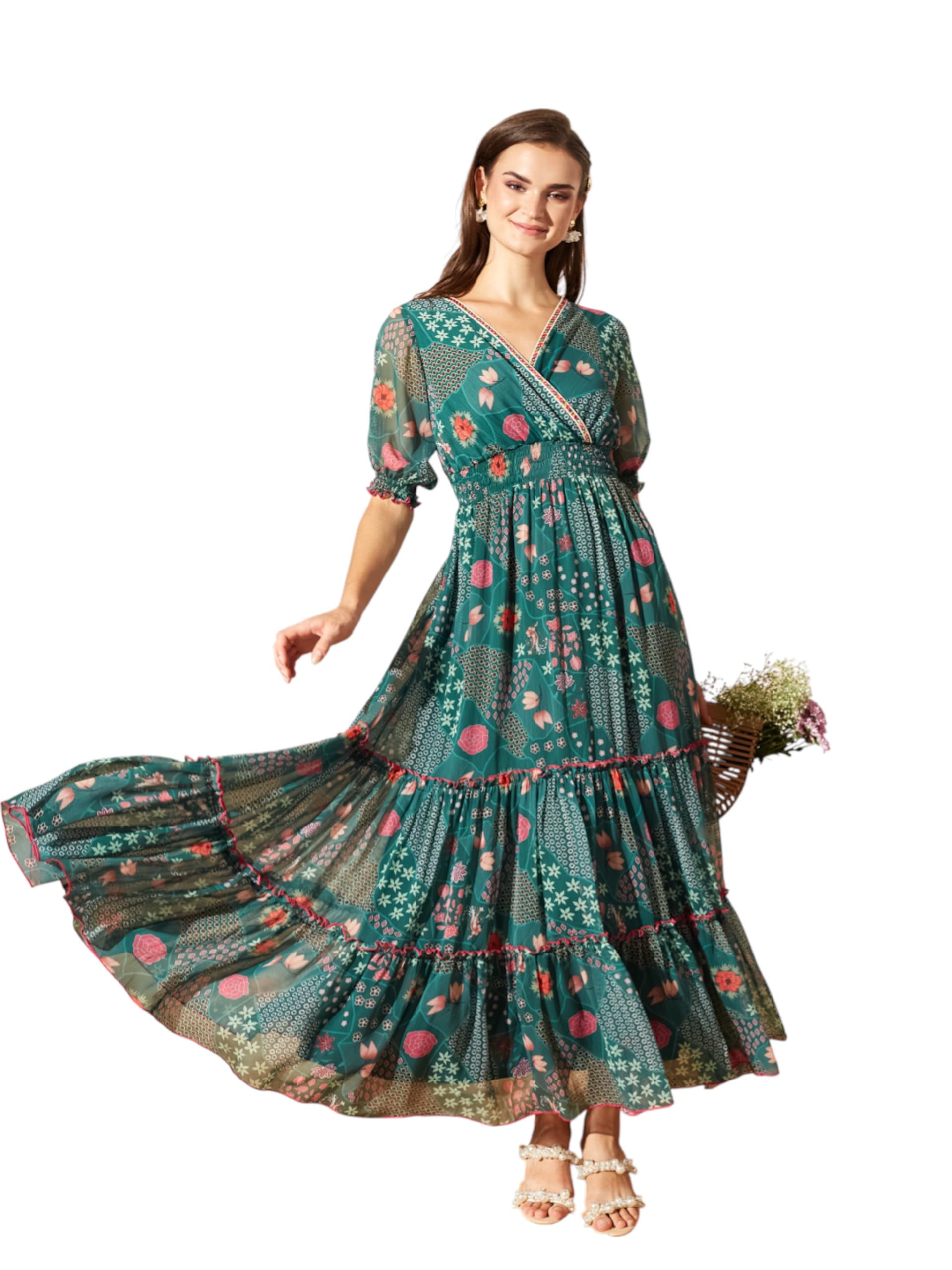 miss chase Women's V-Neck Puff Overlap/Tiered Maxi Chiffon Ethnic Dress-picture-30