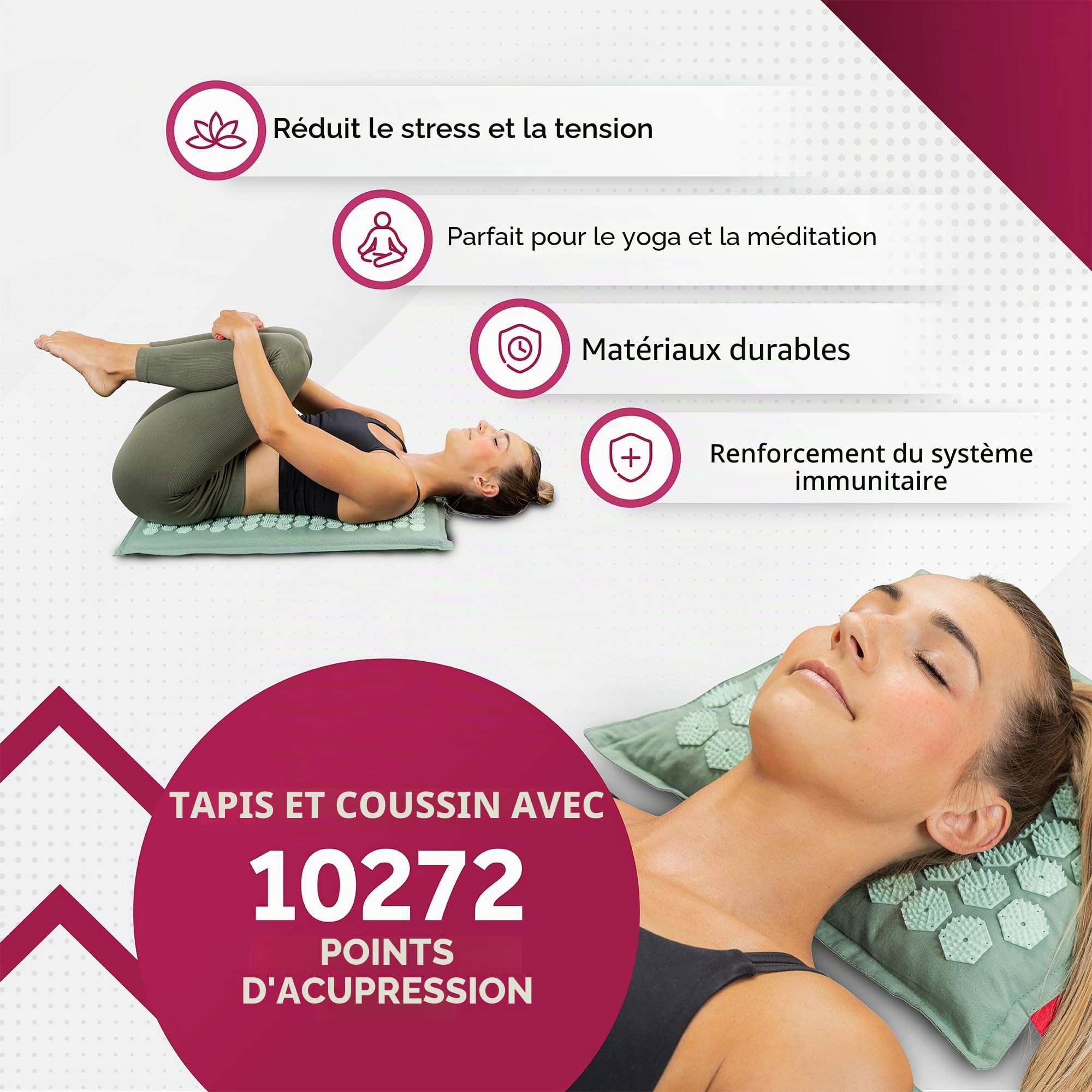 Northwall Tapis Acupression, Tapis Acupuncture Écologique avec Coussin, Tissu et Sac, Massage, Tapis d'Acrupression Vert