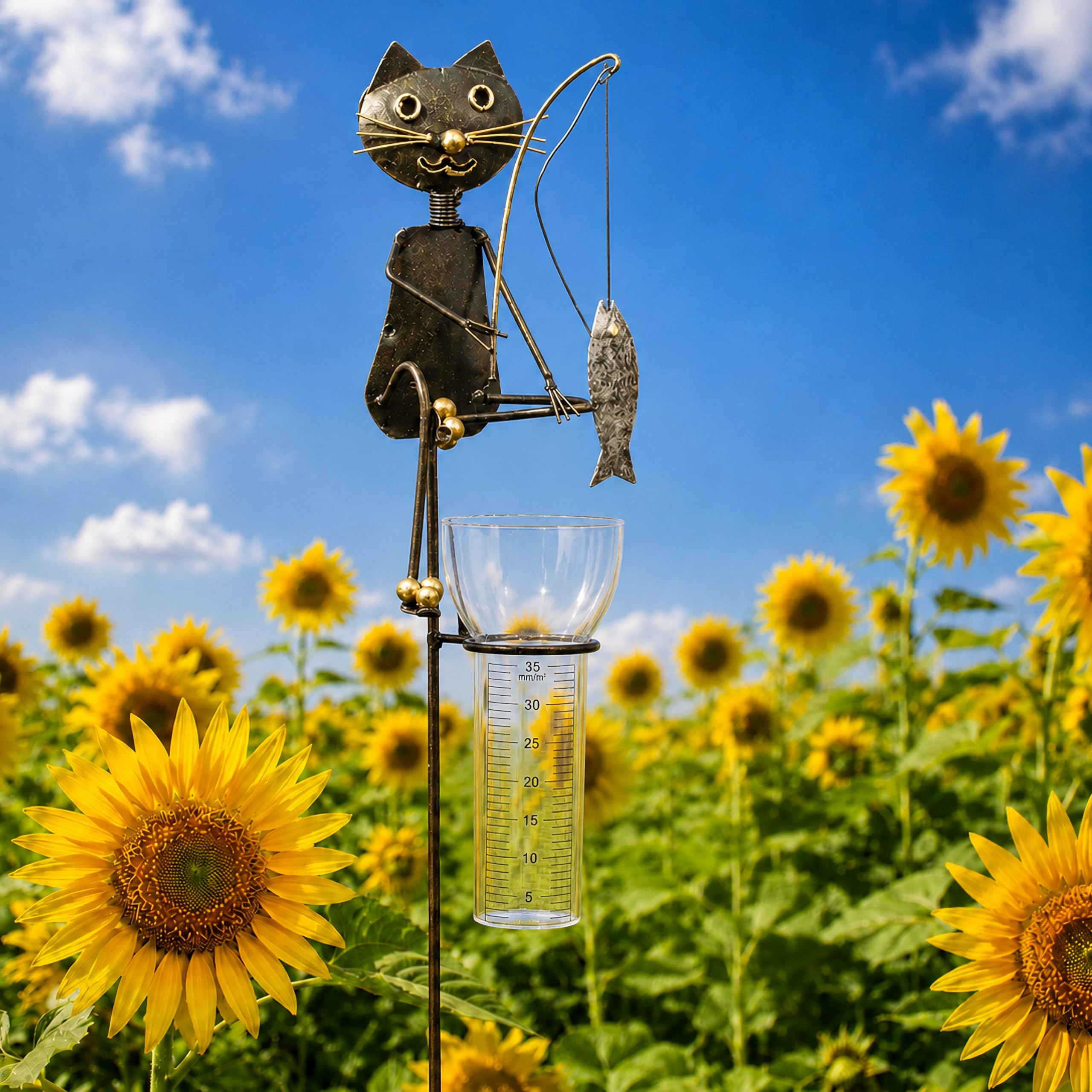 Pommerntraum ®| Regenmesser Ombrometer Katzen Gartendekoration Geschenkidee | Niederschlagsmesser Pluviometer Gartendeko Gartenstecker Katzenfigur Gartenfigur Gartenaccessoires (Katze Kater angelt Fisch)