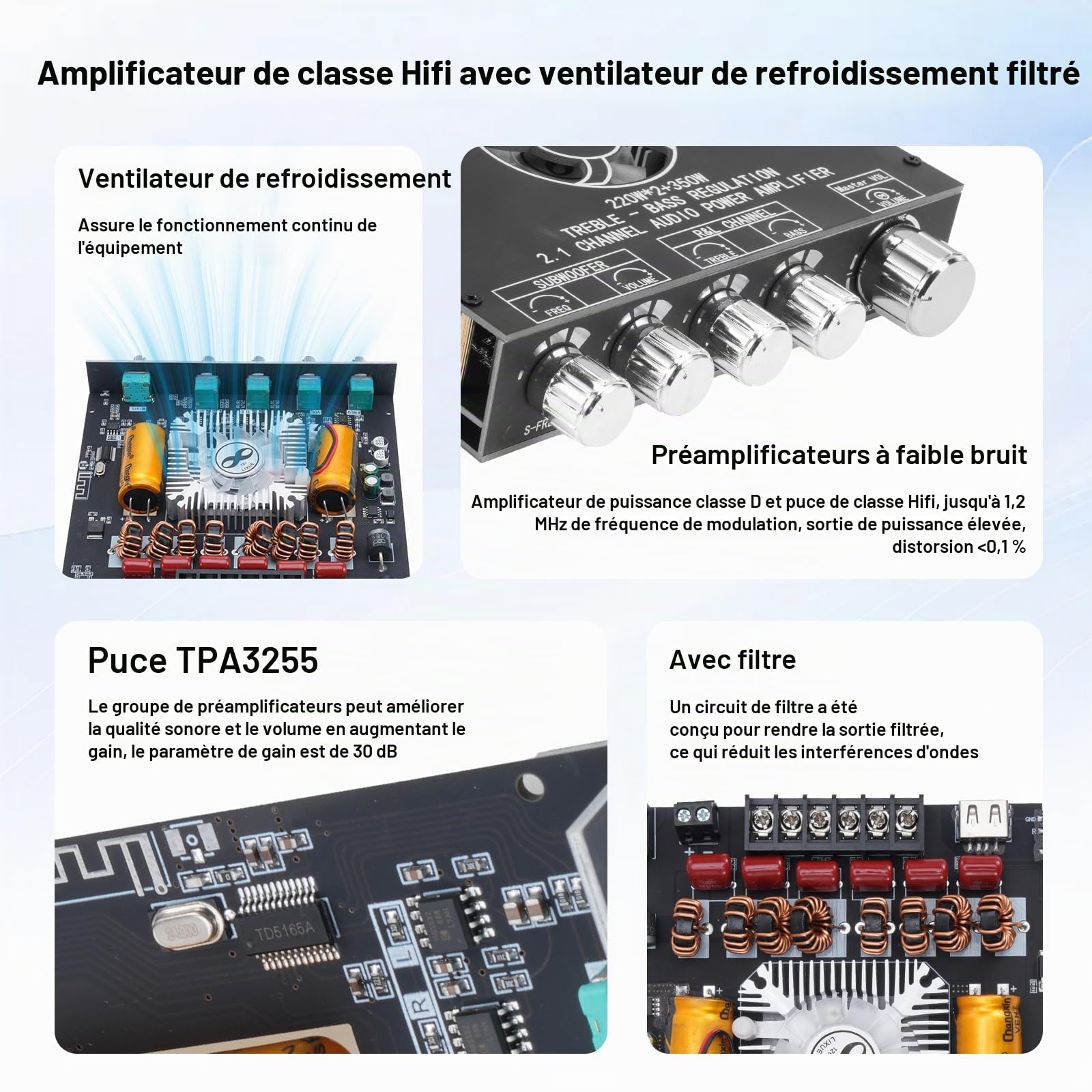 YS-AS21 Amplificateur HiFi avec Bluetooth Mini amplificateur Audio stéréo 2.1 canaux 220 W x 2 + 350 W Mini Module amplificateur stéréo TPA3255 Puce avec TB, USB, AUX, DC 18-38 V pour Haut-parleurs