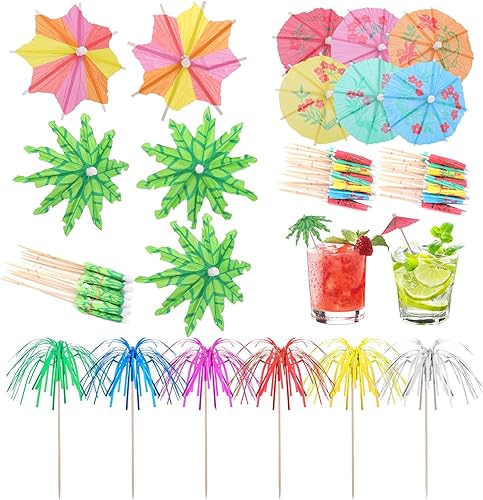 Miniatura 1 de 190 sombrillas de bebida hawaianas para cócteles, sombrillas de bebida de palma de coco, agitadores de bebidas de fuegos artificiales, sombrillas de