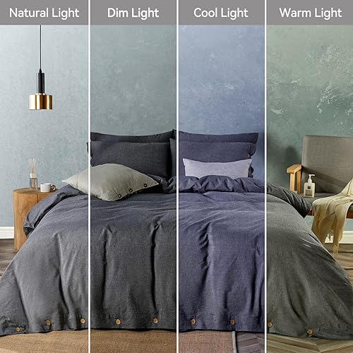 Miniatura 9 de JELLYMONI - Juego de funda de edredón 100 % algodón lavado, color negro, 3 piezas suaves con cierre de botones, funda de edredón con diseño de color