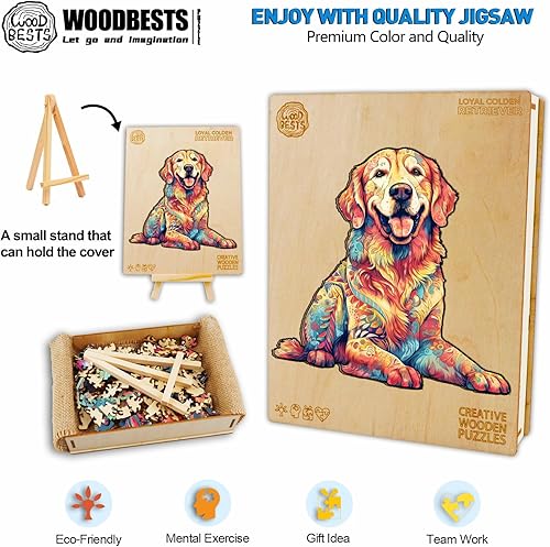 Miniatura 3 de WOODBESTS Rompecabezas de madera para adultos, rompecabezas de perro Golden Retriever leal (M, 200 piezas, 12.5 x 11.9 pulgadas), hermosa caja de