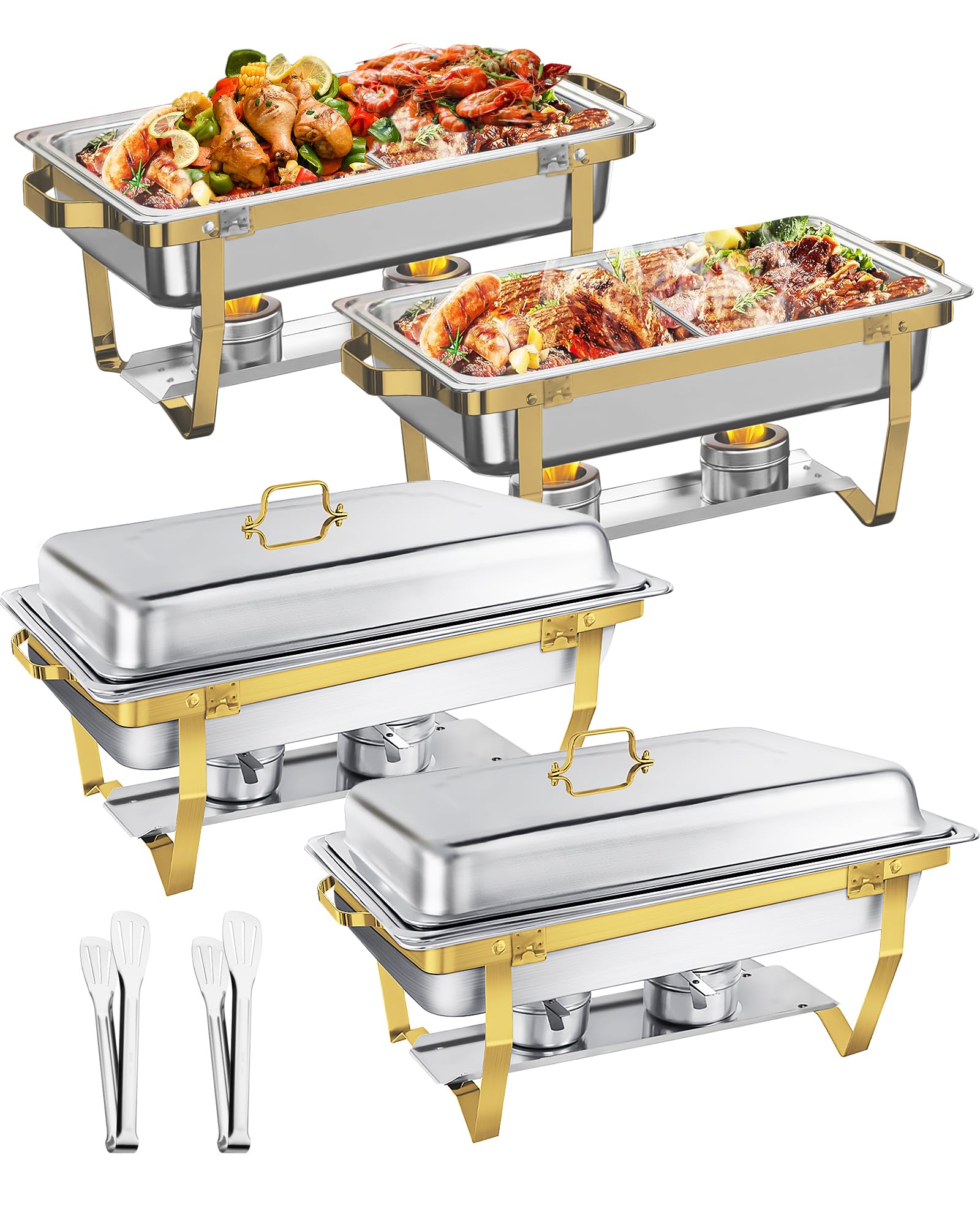 Chafing Dish Buffet Lot de 4 Chauffe-Plats en Acier Inoxydable 9L,Récipients de Maintien au Chaud Robuste (Design à Bord Roulé) Qualité Supérieure pour Traiteur, Buffet, Fête - Carré Doré