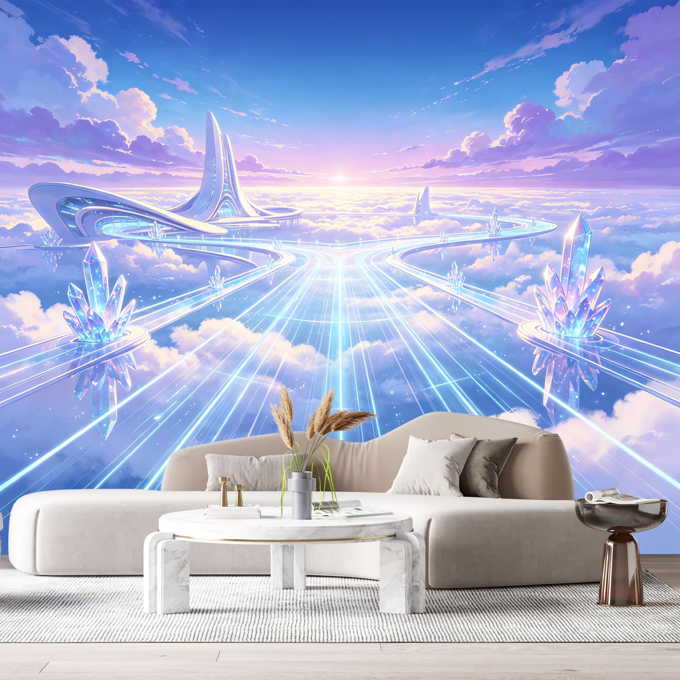 Custom Size Wall Murals Modern Contemporary Futuristic Cityscape Glowing Crystal Floating Platform SelfAdhesive Wall Fabric Removable Large Wallpaper for Photo Living Room