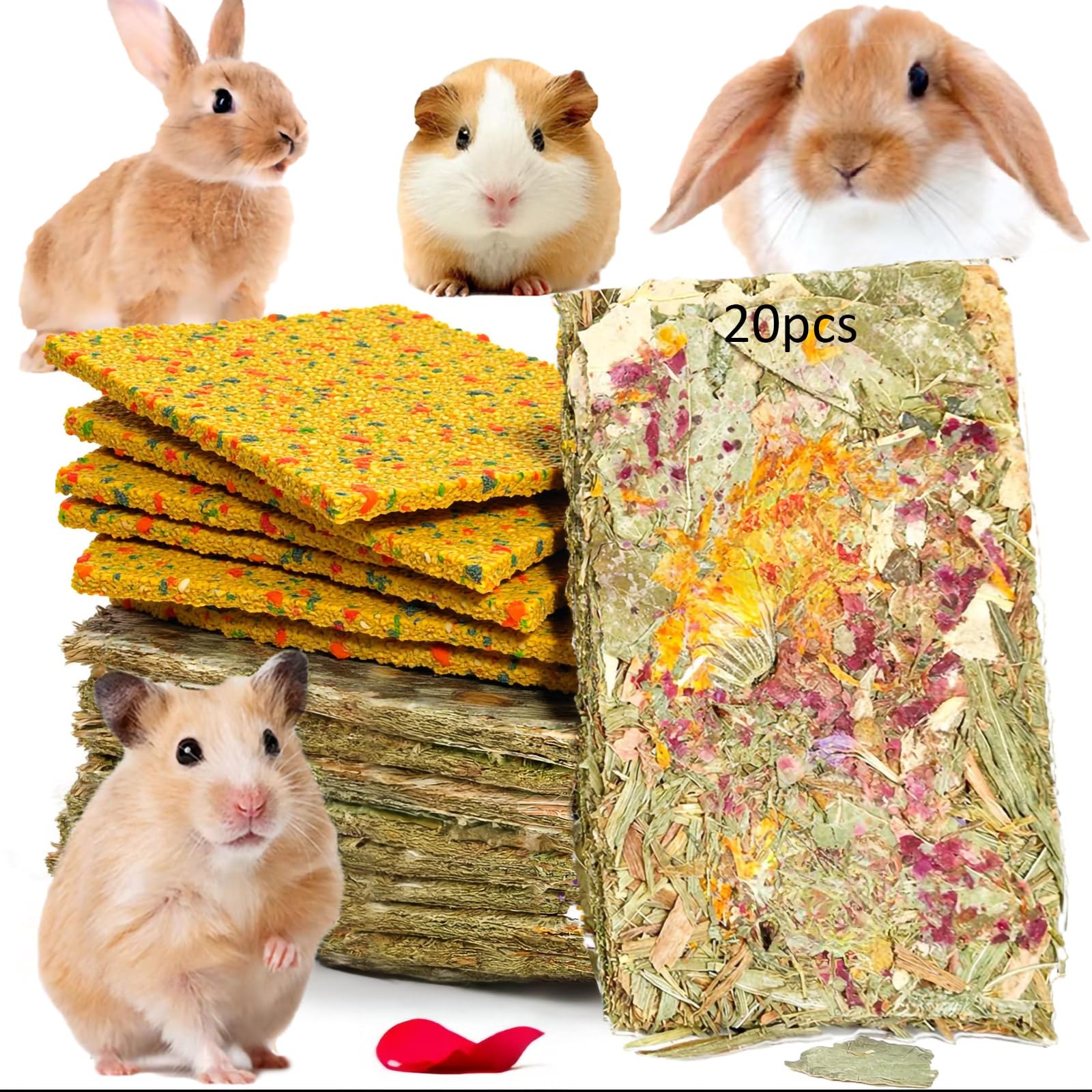 Kaninchenspielzeug (20 Stück, 2 in 1) Knusprige Meerschweinchen, Zahnreinigung, Anreicherung, Timothy Heuchips, Hamster, Molarfutter für Chinchillas,