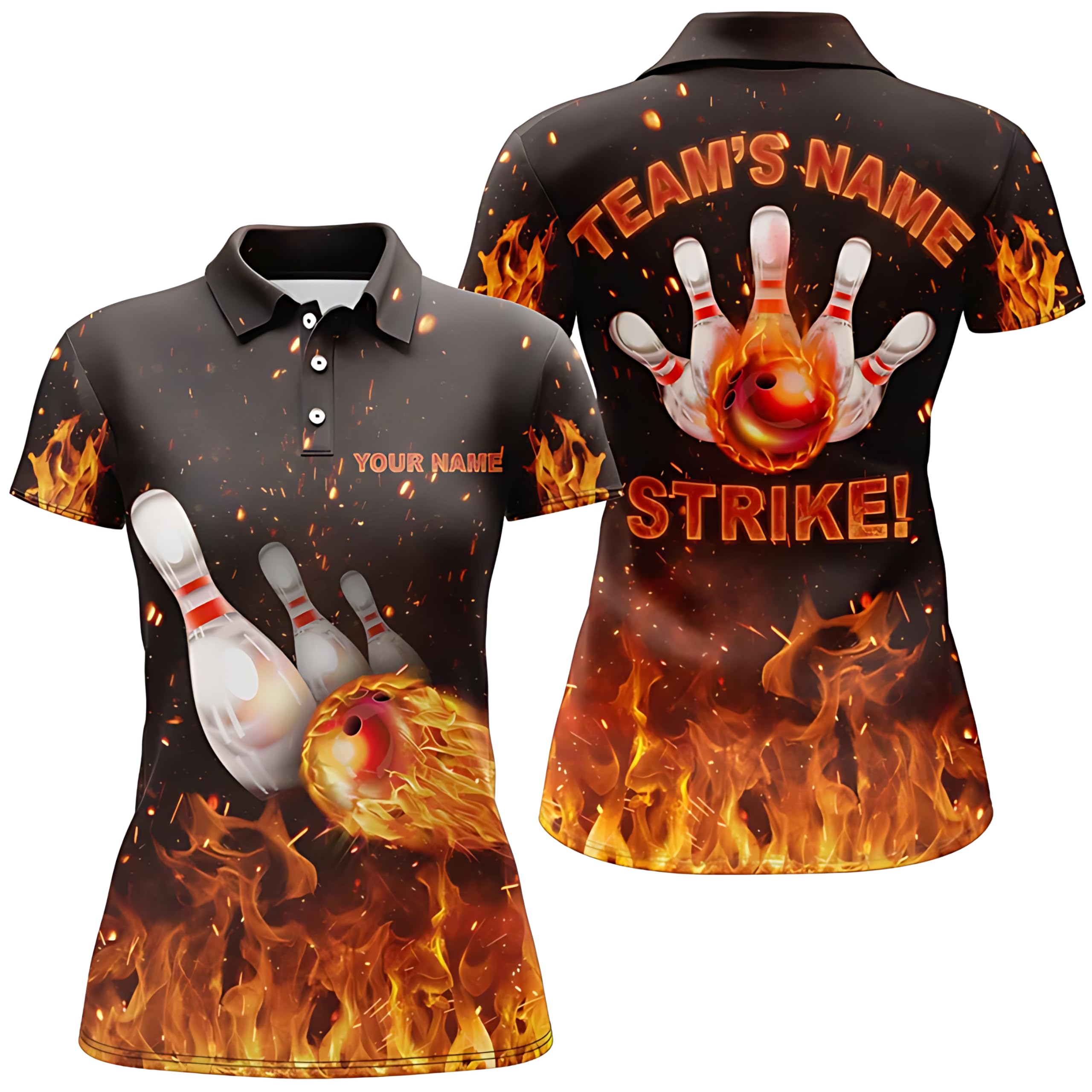 Personalized Bowling Shirt for Women, Flame Design, Strike Polo Bowling Shirt for Teams, Women's Bowling Jersey B152