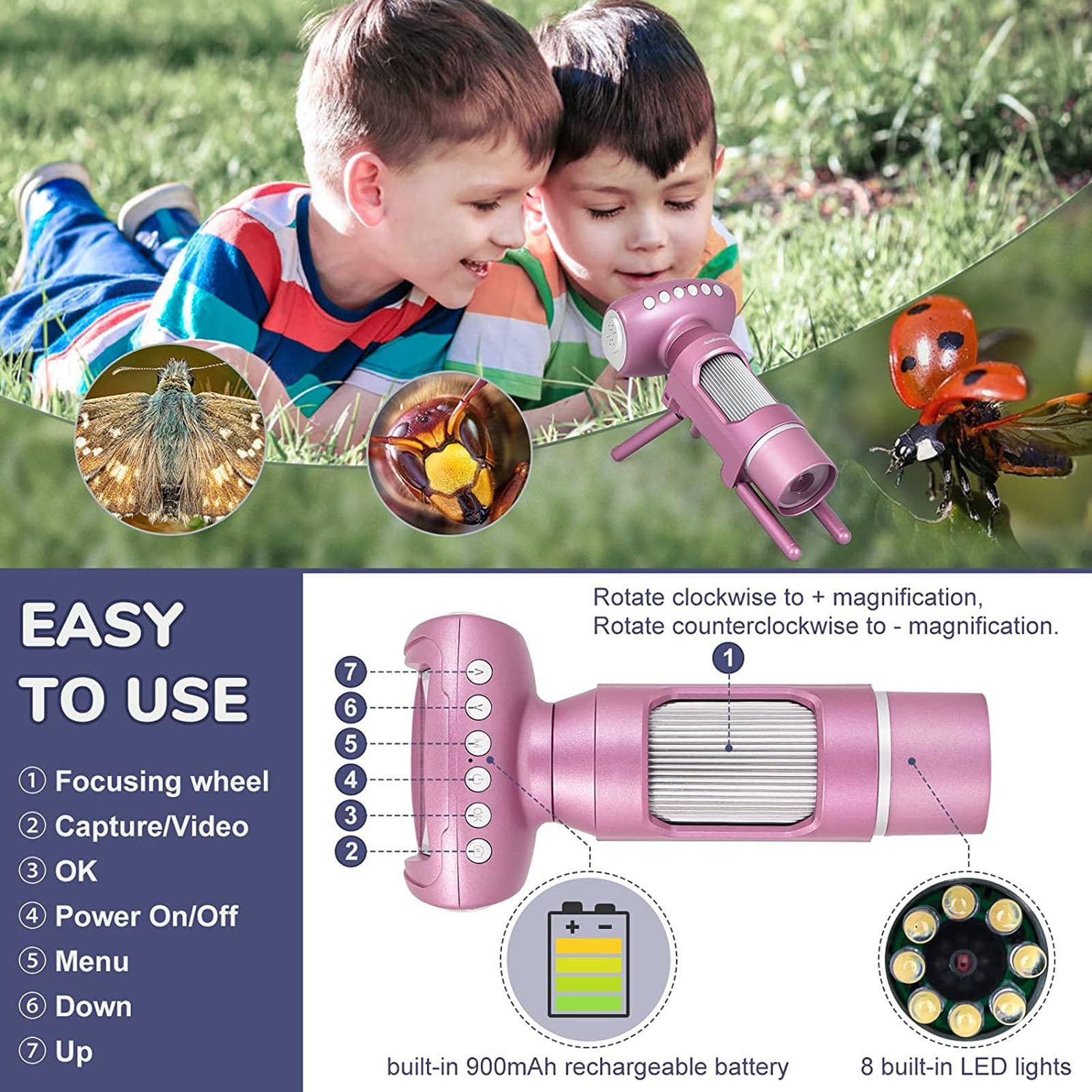 Haofy Microscopio de Bolsillo para Niños con Pantalla de 2 Pulgadas con Cámara de 40 MP y 8 Luces LED Ajustables para Exploración Científica en Casa (Pink)