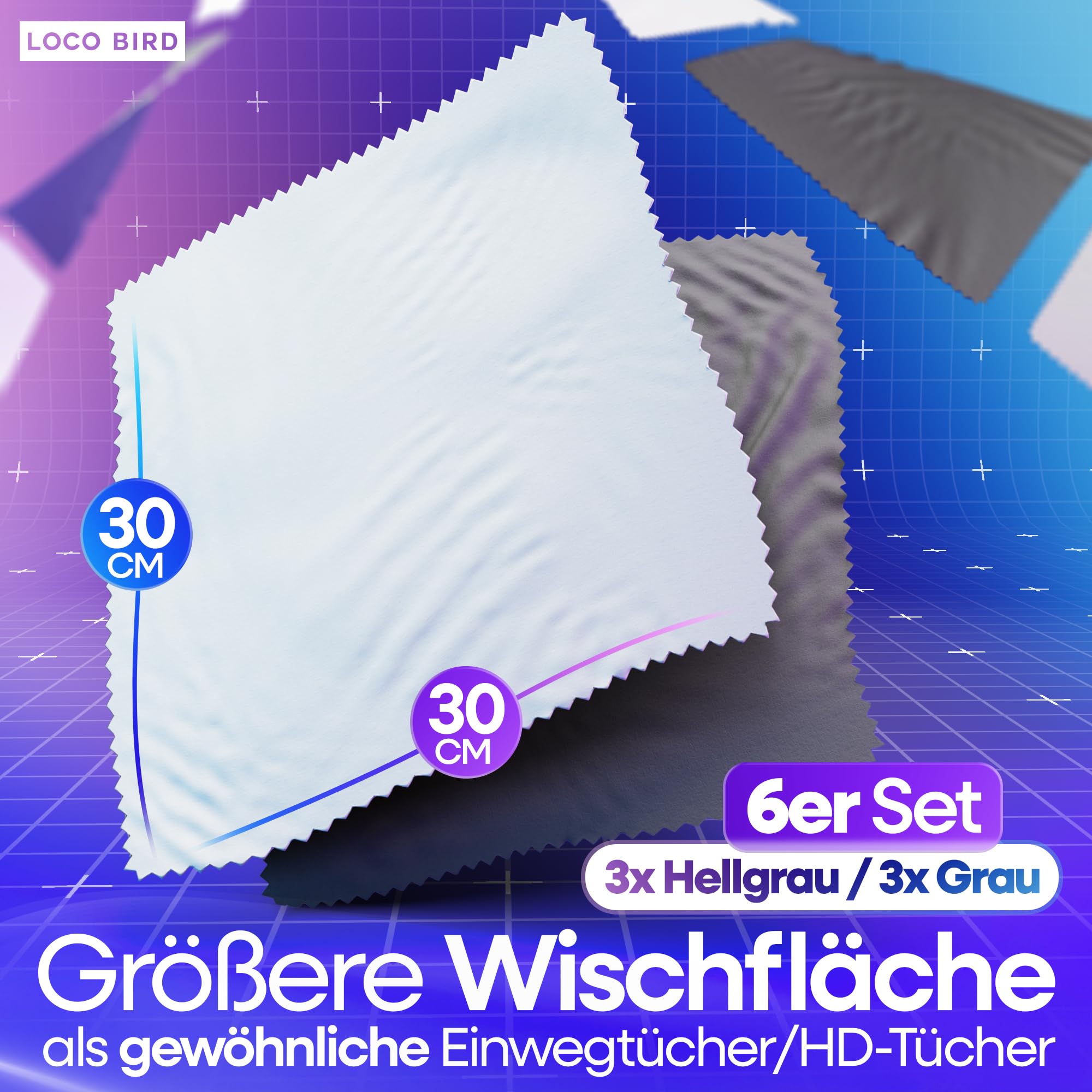 Loco Bird Ściereczki do czyszczenia okularów z mikrofibry 30 x 30 cm – zestaw 6 szt. – ściereczki do czyszczenia okularów z mikrofibry o jakości optycznej – ściereczki z mikrofibry do okularów i