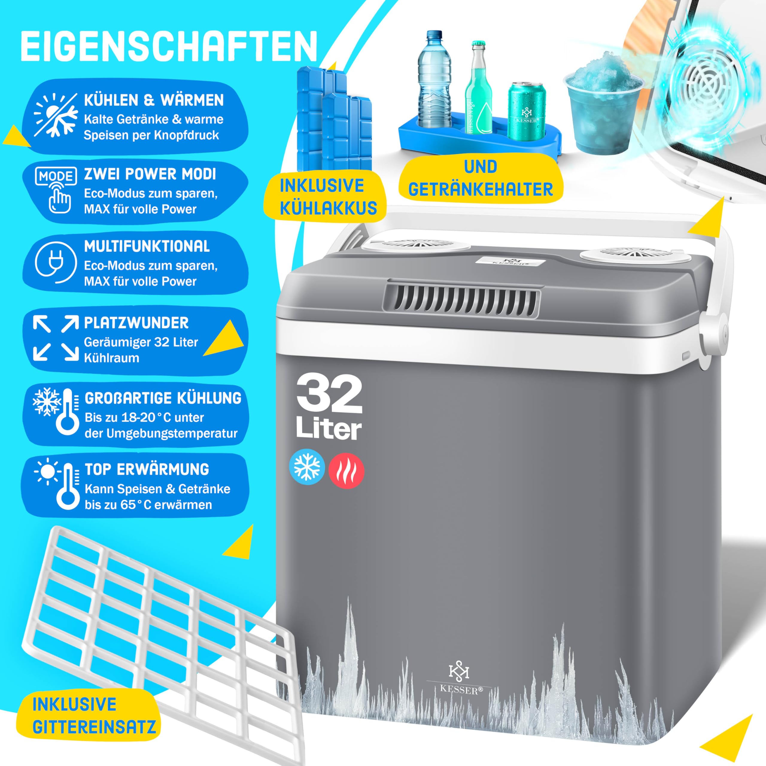 KESSER® Kühlbox Thermobox 32Liter | Thermo-Elektrische Kühlbox | KÜHLT und WÄRMT | 12 & 230V | Thermobox für Auto, Boot & Camping | Mini-Kühlschrank mit ECO & MAX Modus | inkl. Kühlakku