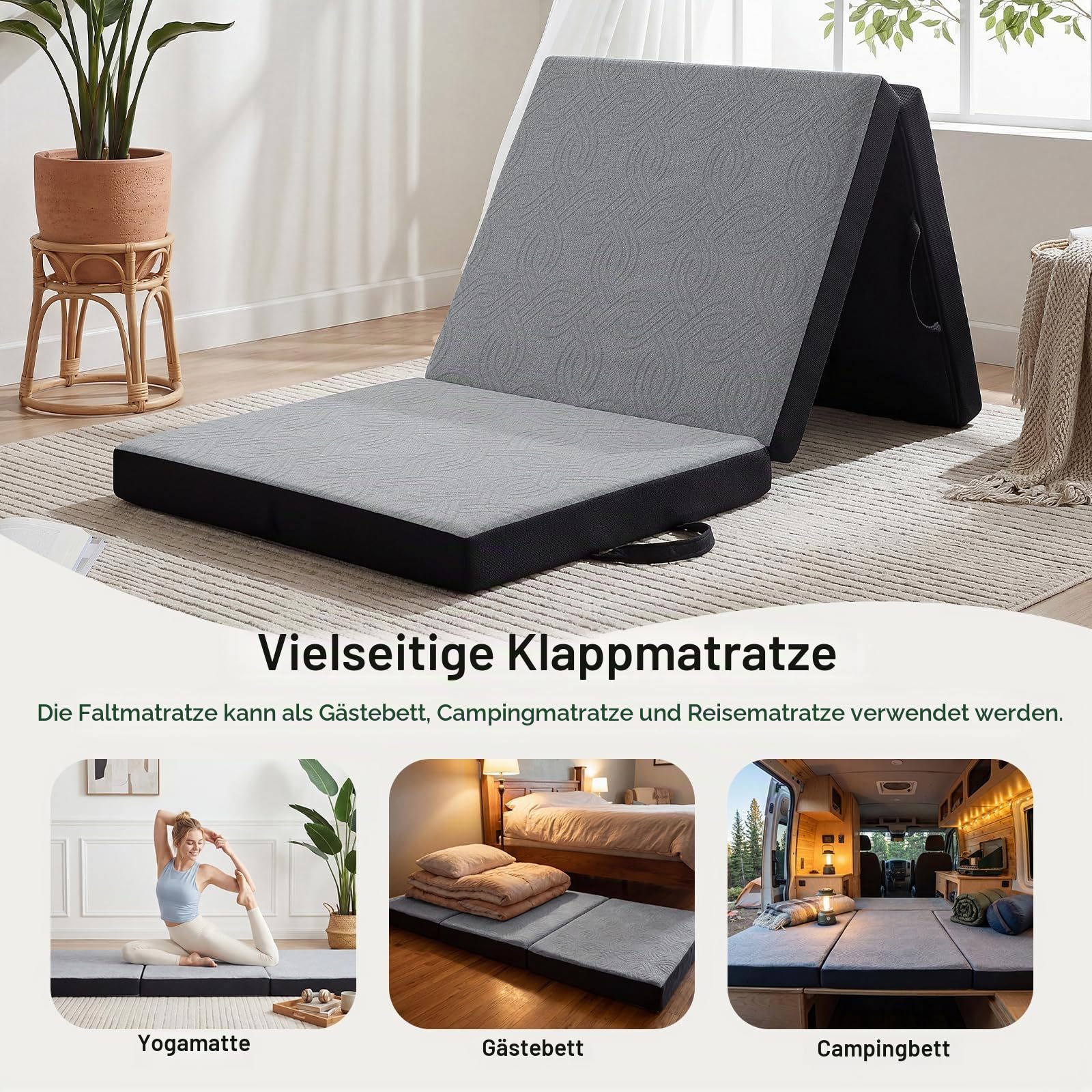 Klappmatratze, Gästematratze, 3-teilige Faltmatratze, Grau, 140x190x10cm | Faltbare Matratze, Memory-Schaum, Extra Dick, Waschbar, Abnehmbares Gehäuse