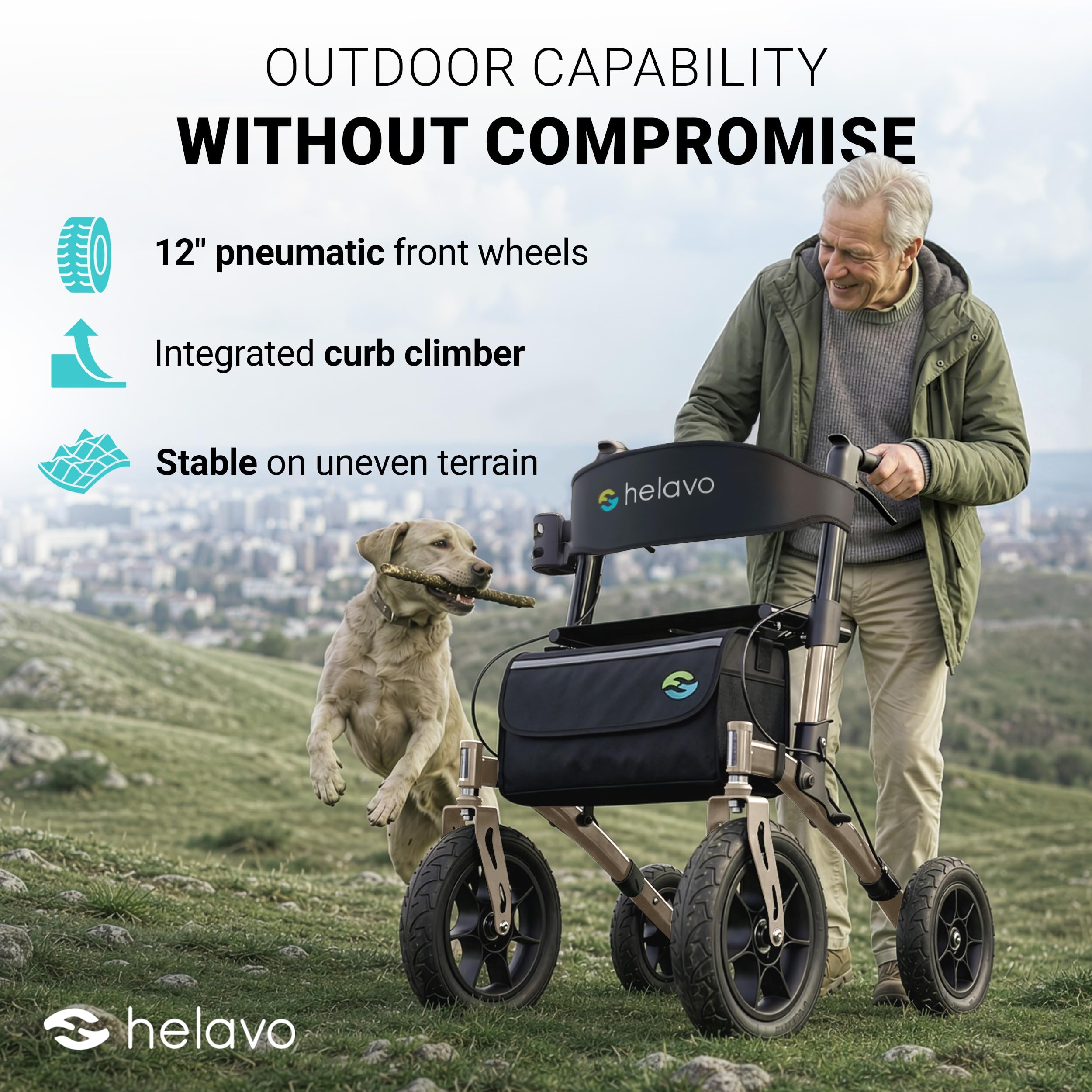 Helavo Rollator z oponami pneumatycznymi do użytku na zewnątrz – składany i lekki, z siedziskiem, aluminiowy Outdoor Walker – składany do użytku na zewnątrz