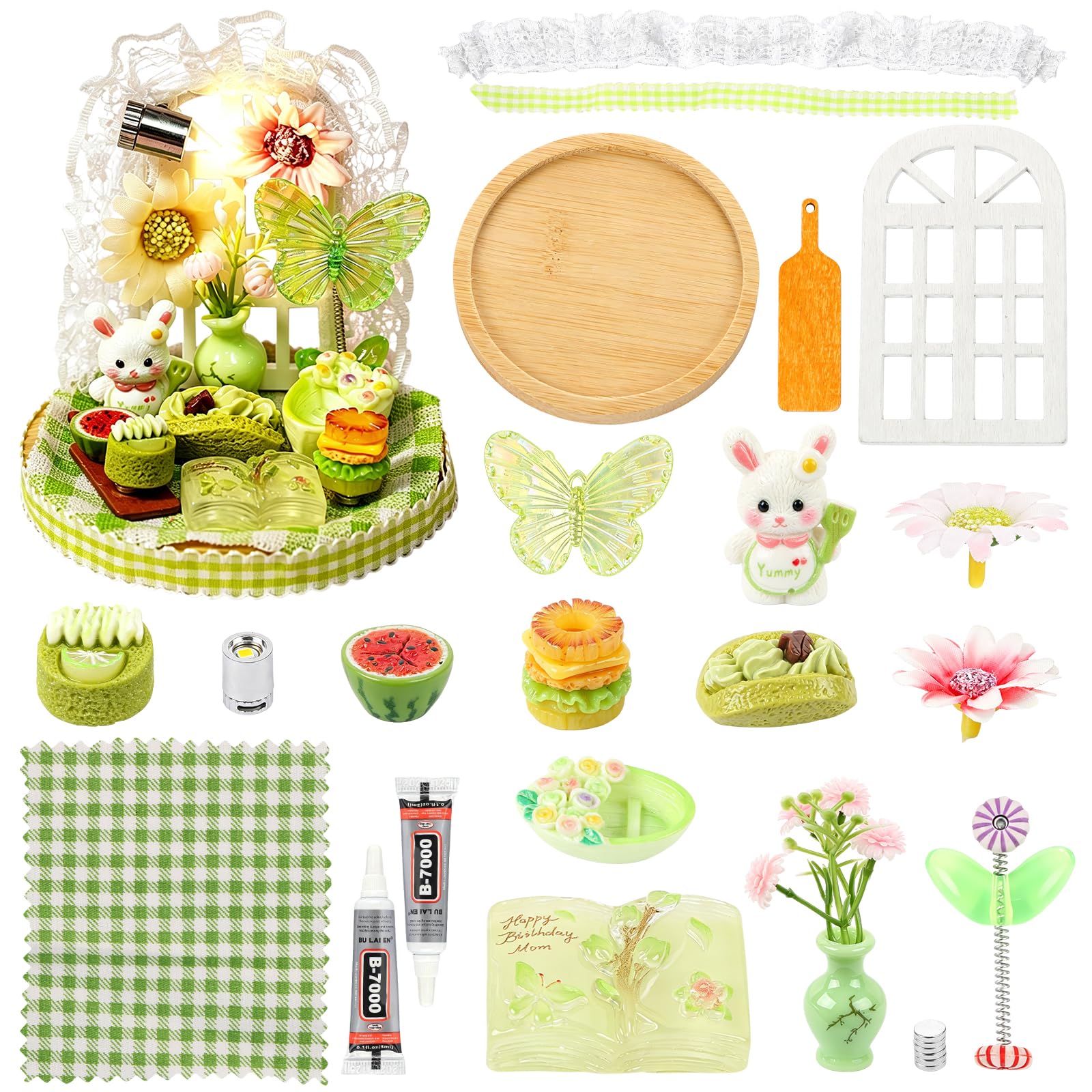 LALASTYLE Fairy Garden Miniature DIY Kit, Garden Tea Party Series with Door, Small Animals, Guitar & Afternoon Tea Set, DIY Micro Landscape Desk Ornament for Dollhouse, Succulent & Home Decor (Green)