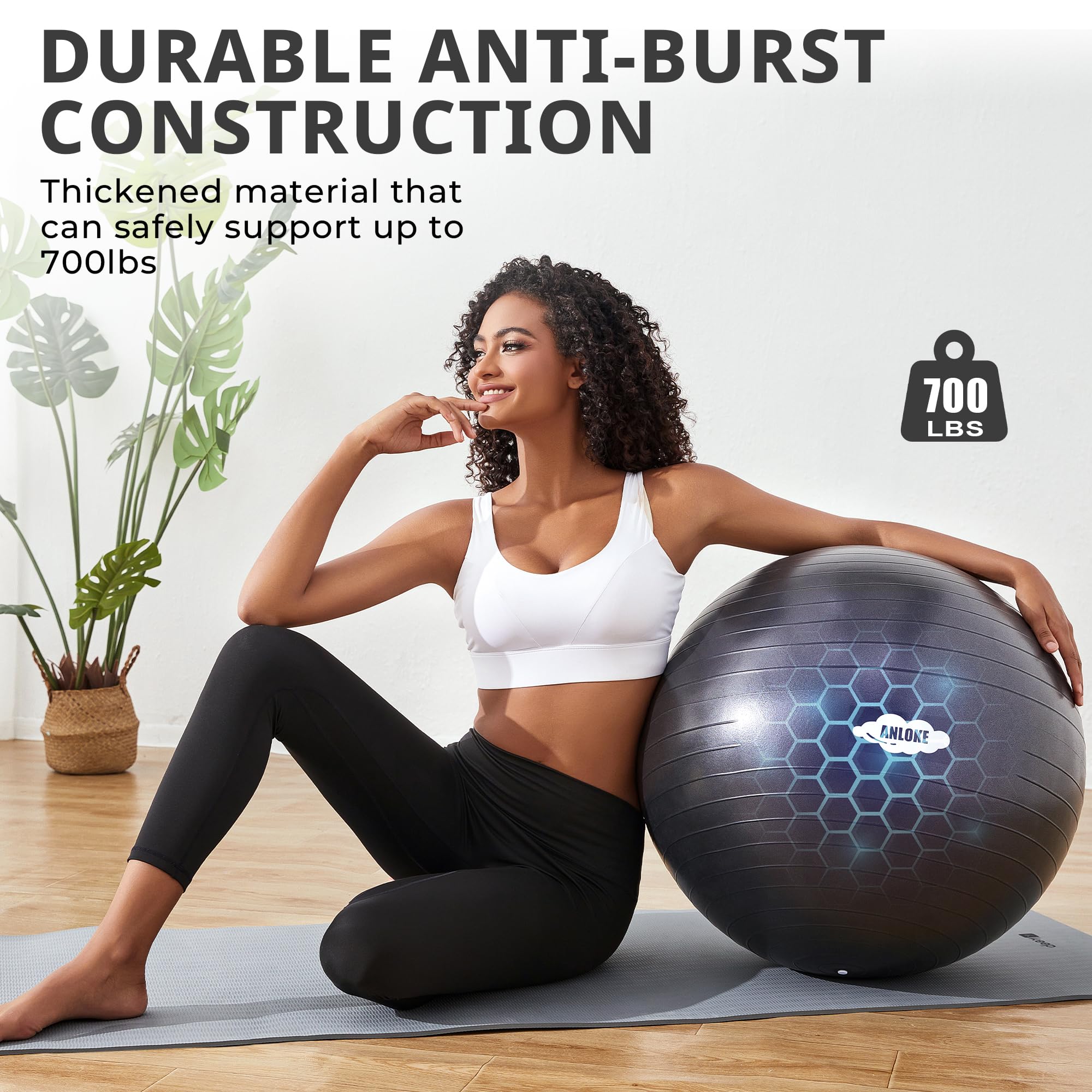 ANLOKE Pelota de yoga para ejercicio y equilibrio, silla de pelota de estabilidad antiestallido, pelota de parto para embarazo, pelota de gimnasio de PVC no tóxico con bomba de pie para pilates