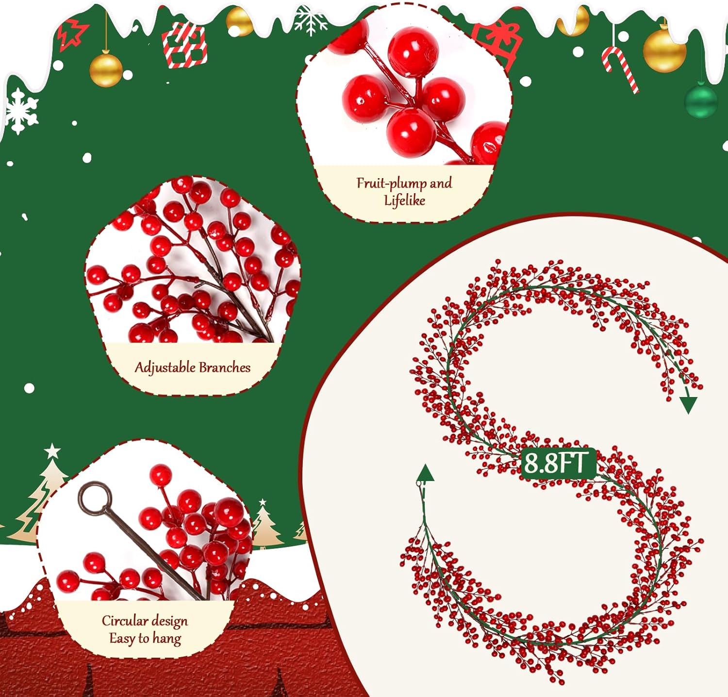 Breeze Touch 8.8FT Christmas Red Berry Garland, Cranberry Holly Berry Garland for Christmas Tree, Mantle, Fireplace, Window and Outdoor Holiday Decoration - Image 3