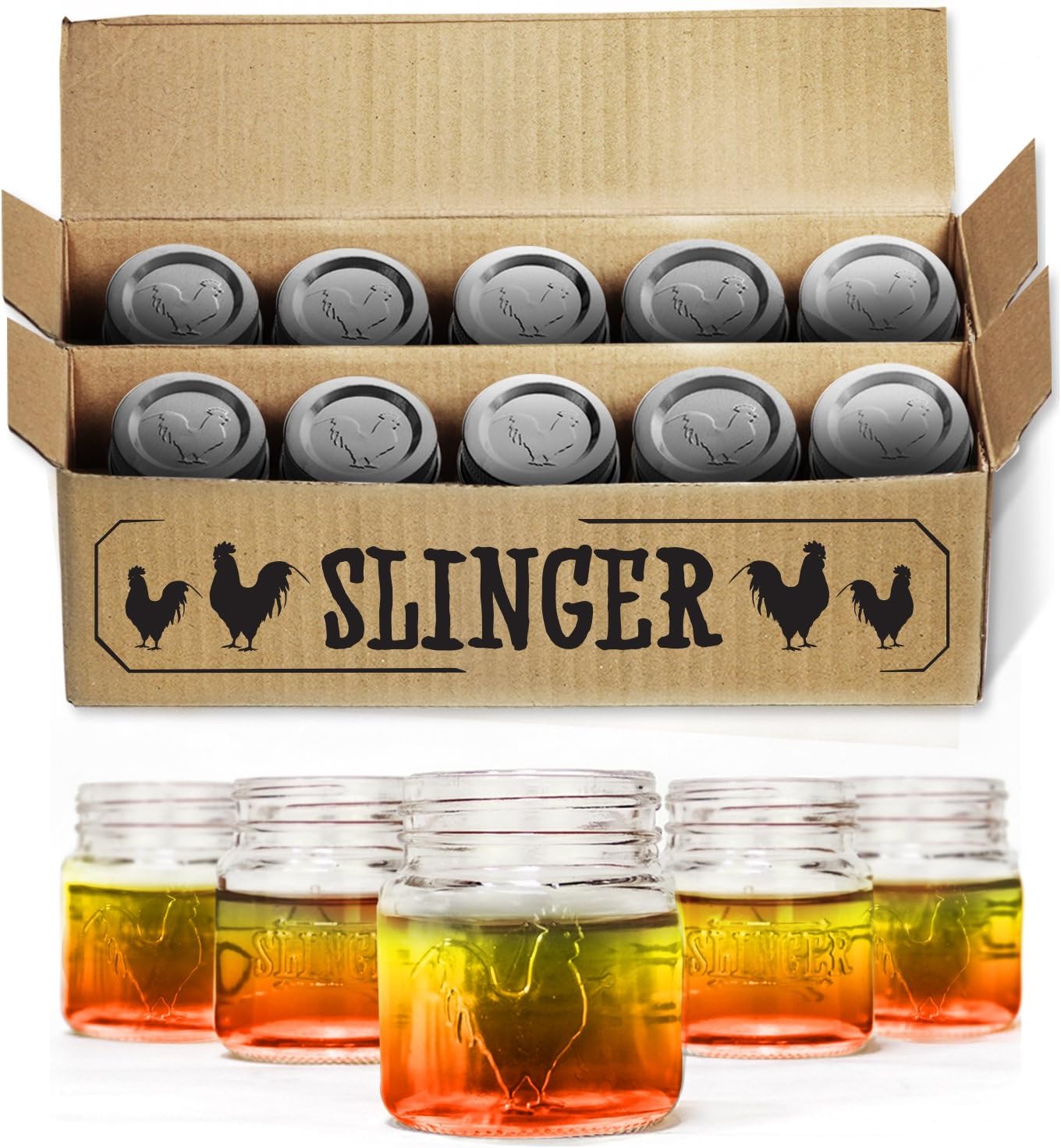 The Rooster Mason Jar Shot Glasses Set - Mini Mason Jars with Lids Featuring Unique Rooster Design (10 Pack)