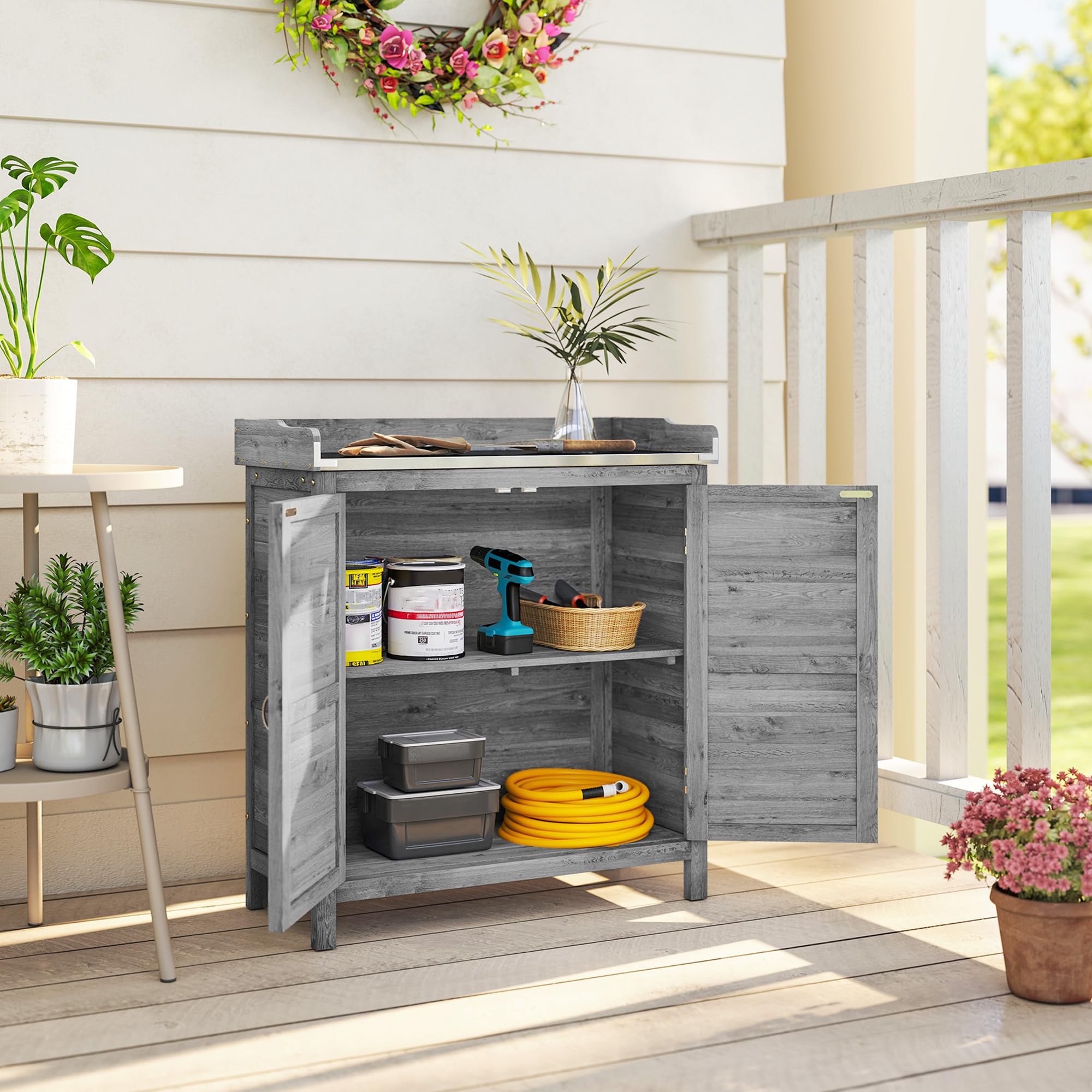 Outsunny Gartenschrank mit Pflanztisch, Holz Geräteschuppen, verzinkter Arbeitsplatte, wetterfest, 83 x 40 x 92cm Grau
