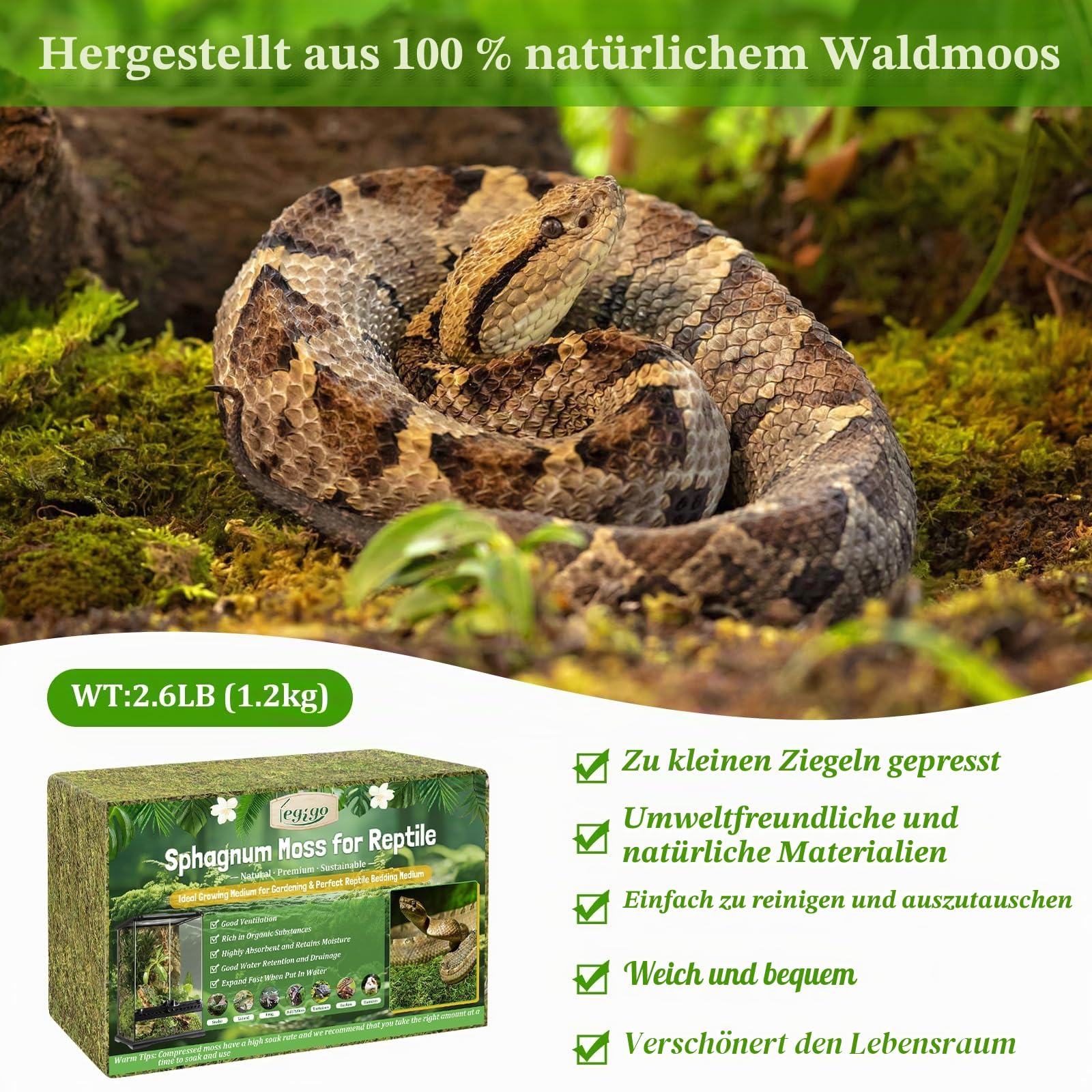 Legigo 1,2 kg Sphagnum Moos für Reptilien, Natürliches Reptilienmoos, Terrarium, Moossubstrat, Schlangenbecken, Torfmoos, Reptilienbeete für Schlangen, Gecko, Kugelpython, Frosch und Orchideen