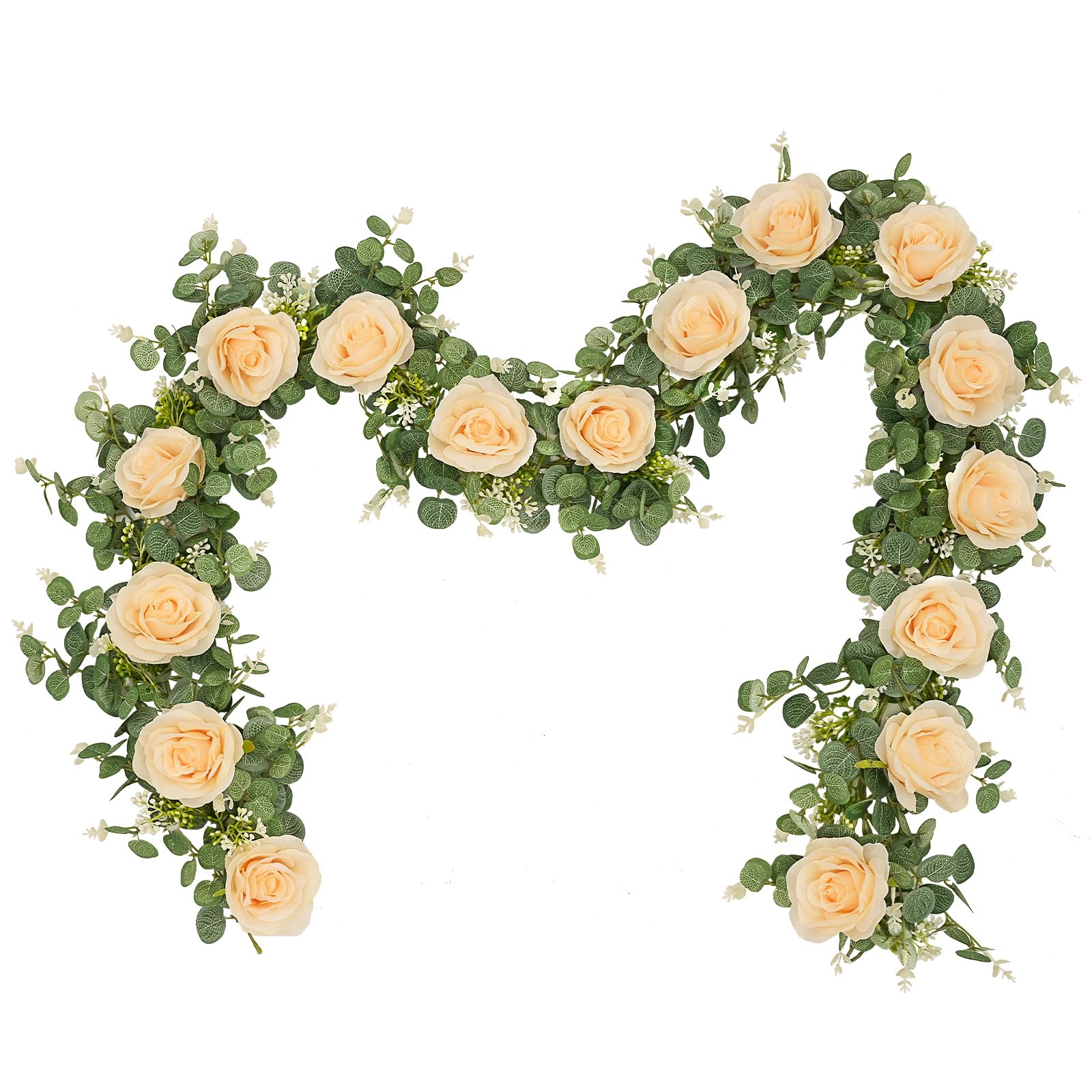 Dolicer 2Pcs 13Ft Artificial Eucalyptus Garlands with Flowers - 8 Roses, Faux Floral Greenery Garlands Fake Flowers Vines for Wedding Table