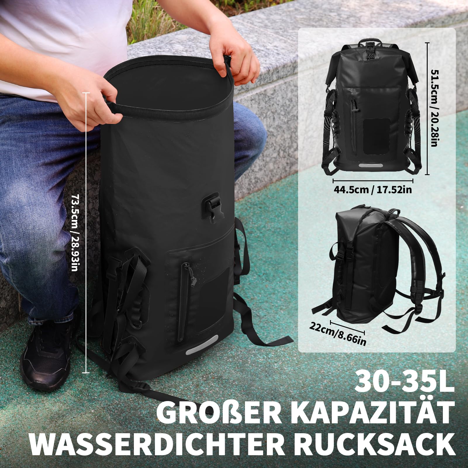 Zaino impermeabile 30 – 35 l, rolltop impermeabile con tracolla imbottita, chiusura lampo impermeabile, sacchetto asciutto per sport acquatici, ciclismo all'aria aperta, escursionismo