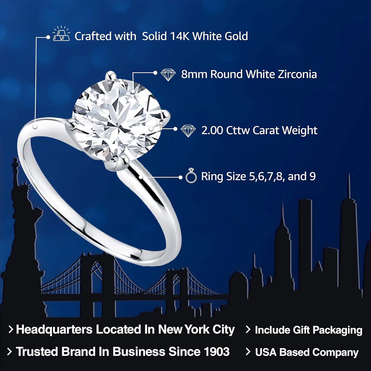 Gem Stone King 2.00 Cttw 14K White Gold White Zirconia Solitaire Engagement Ring | Round 8MM | Gold Ring For Women