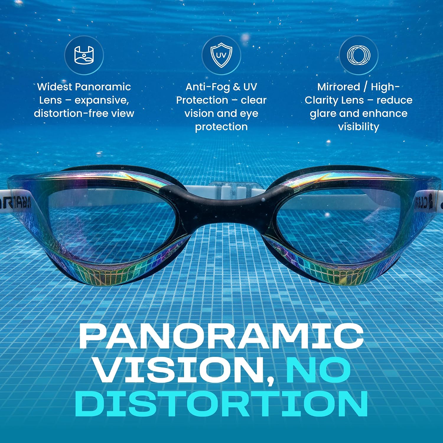 Clear'r Victor Adult Swim Goggles - Anti-Fog UV Protection, Mirrored Lenses with Panoramic View, 4 Interchangeable Nosepieces