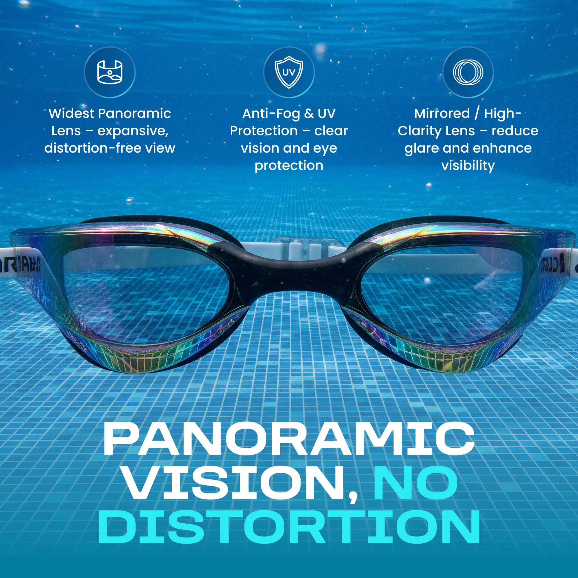 Clear'r VICTOR Schwimmbrille Erwachsene - Anti-Fog UV-Schutz Verspiegelte Gläser mit Panoramablick 4 Austauschbare Nasenteile