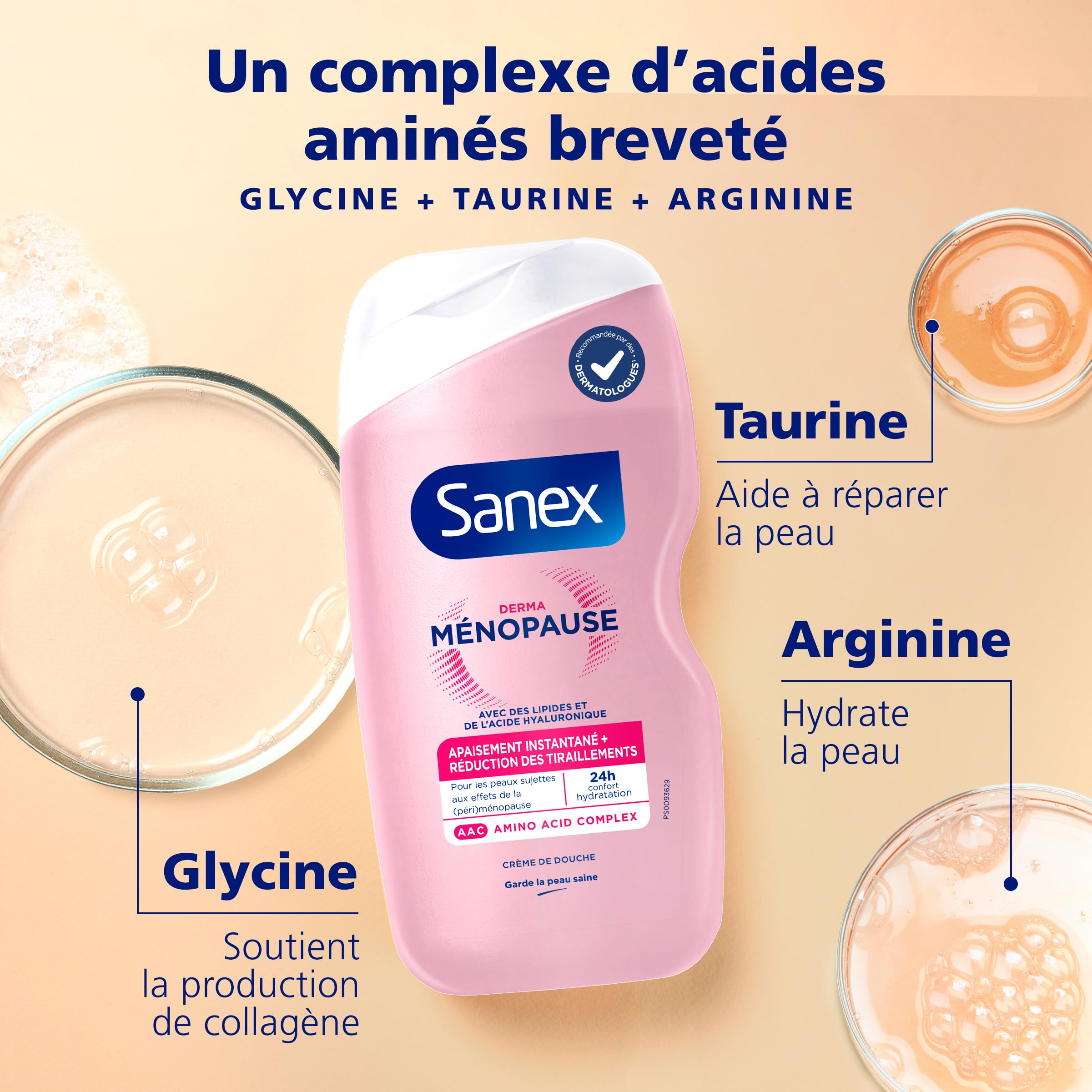 SANEX - Crème de Douche Derma Ménopause - Gel Douche - Soin pour Peaux en Périménopause et Ménopause - Hydratation 24h et Réduction des Tiraillements - Lipides et Acide Hyaluronique - Format 425ml