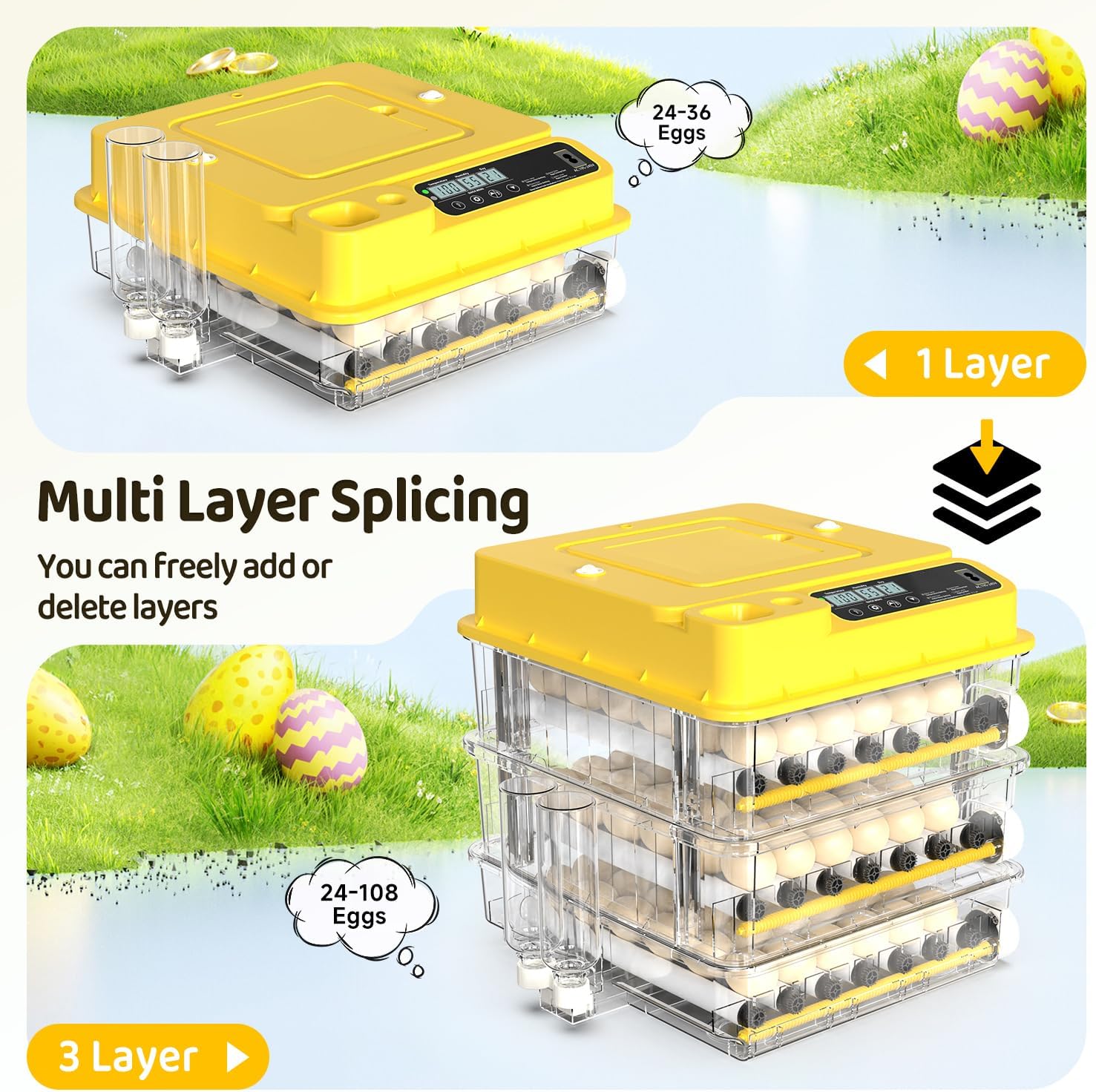 108 Egg Incubator for Hatching Eggs, Fully Automatic Egg Incubator with Auto Temp/Water/Turning, for Chicken Duck Goose Quail Pigeon Turtle Eggs, Humidity Control by Bottles, 360° View Clear Window