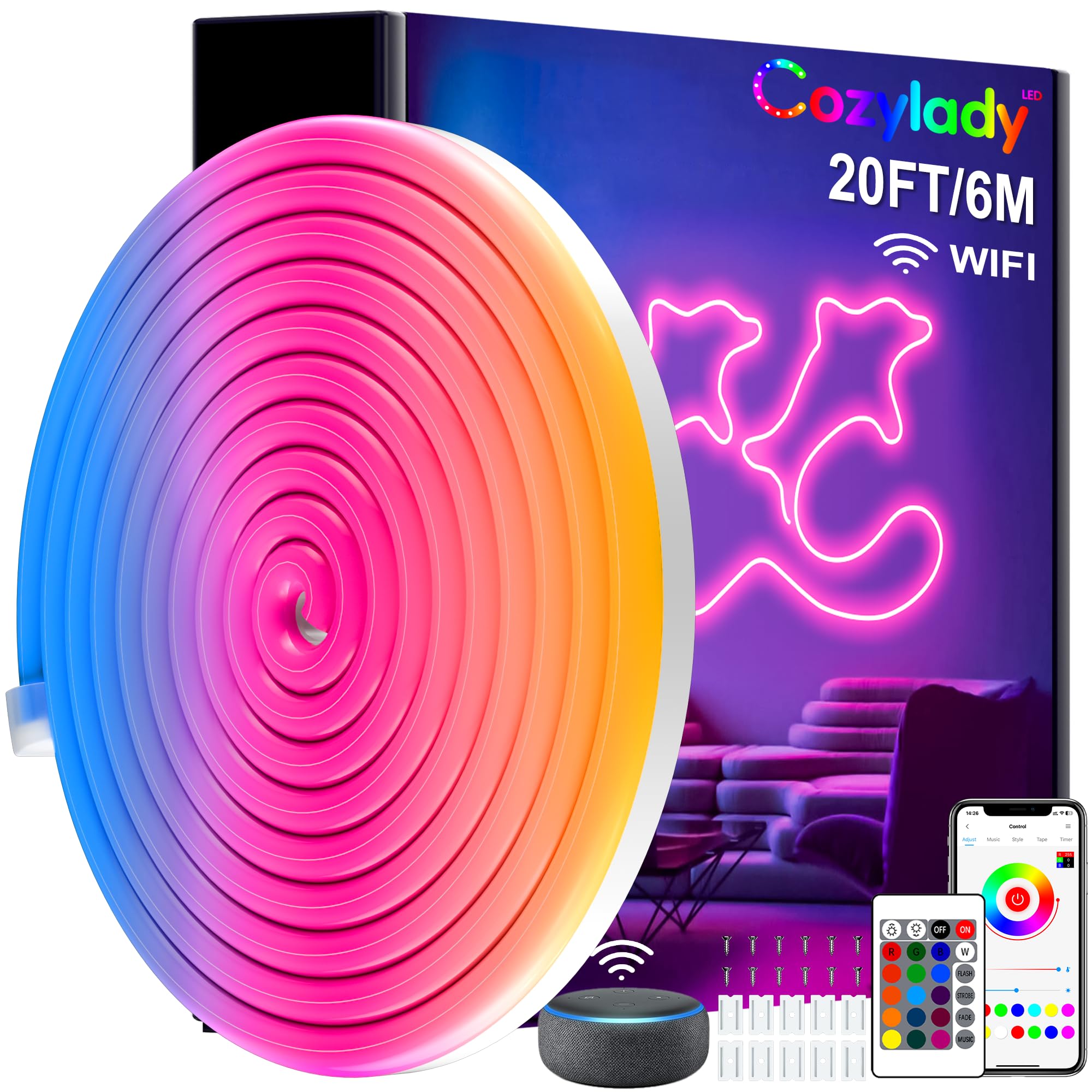 Cozylady 20ft/6M LED Neon Rope Lights, RGB Rope Lights Waterproof, Music Sync, Smart Wi-Fi App Control Works with Alexa, Google Assistant, DIY Design Neon Lights for Bedroom Gaming Room Wall Decor