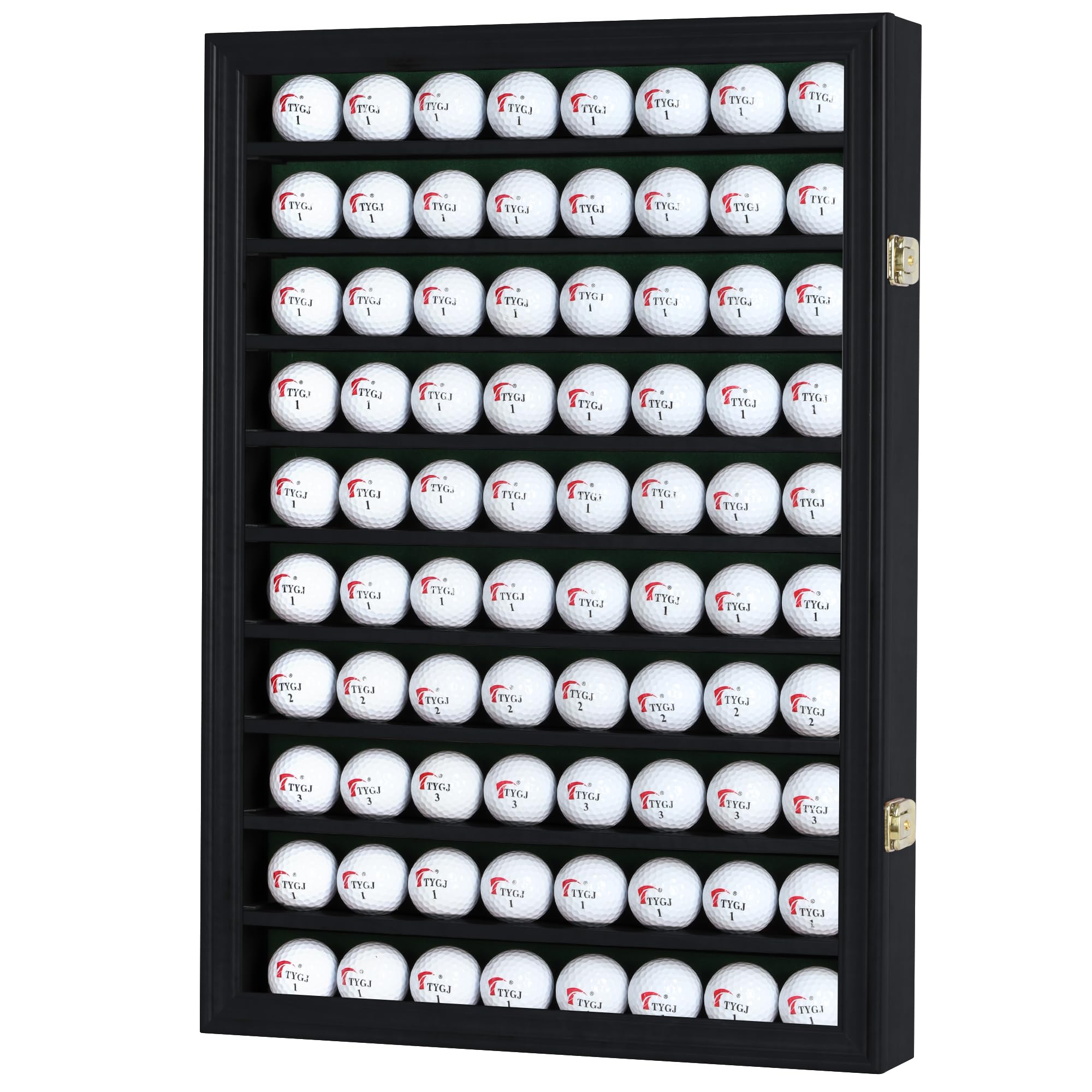 DisplayGifts 80 Golf Ball Display Case Cabinet Wall Rack Holder Solid Wood Frame with 98% UV Protection Lockable Acrylic Door, Wall Mounted or Stand