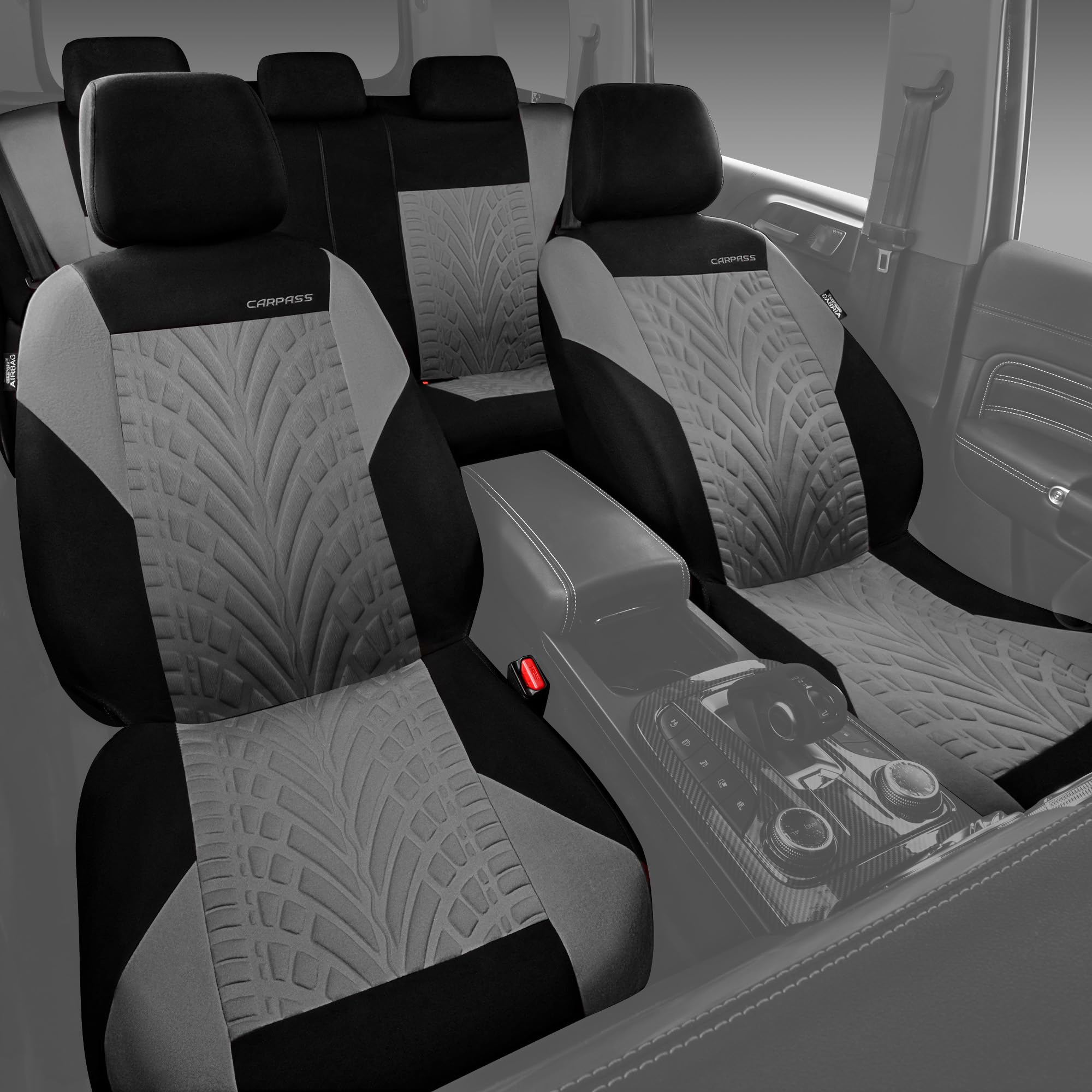 CAR PASS Fundas de Asiento de Coche, Asiento Delantero y Trasero Dividido para automóvil, Fundas Interiores con impresión de neumáticos en 3D, compatibles con Bolsa de Aire, configuración rápida