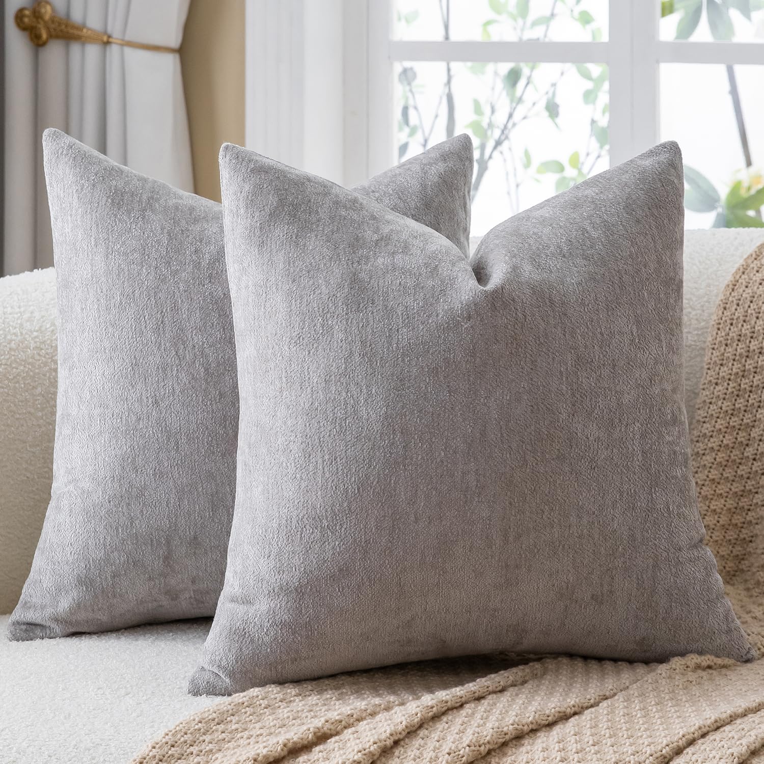 Mandioo Chenille Gray Cushion Covers 45x45cm 18x18 Inch Set of 2, Decorative Soft Thick Couch Pillow Covers Solid Accent Farmhouse Neutral Throw Pillow Cases for Sofa Bed Living Room