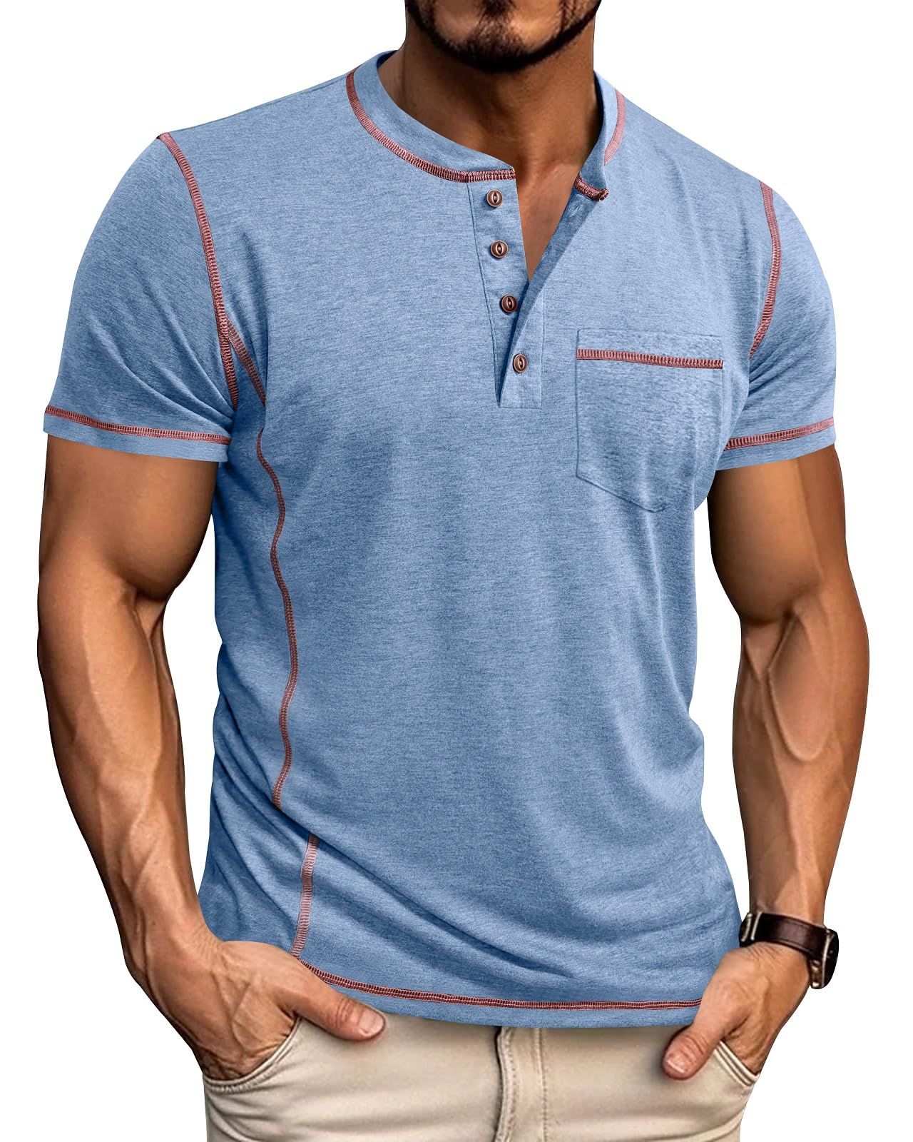 LAOARA T-Shirts Herren Henley Shirt Kurzarm V Ausschnitt Sommer Sport mit Tasche Knopfleiste Slim Fit Hemd M-3XL