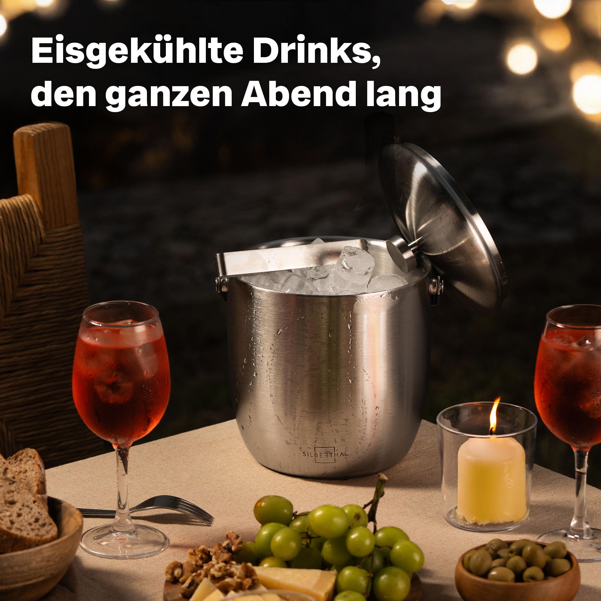 SILBERTHAL Eiswürfelbehälter Edelstahl 3L – Doppelwandig Isoliert – Eisbehälter mit Deckel & Zange – Eiskübel Ice Bucket für Cocktails, Wein, Sekt & Alkoholfreies – Weinkühler Flaschenkühler