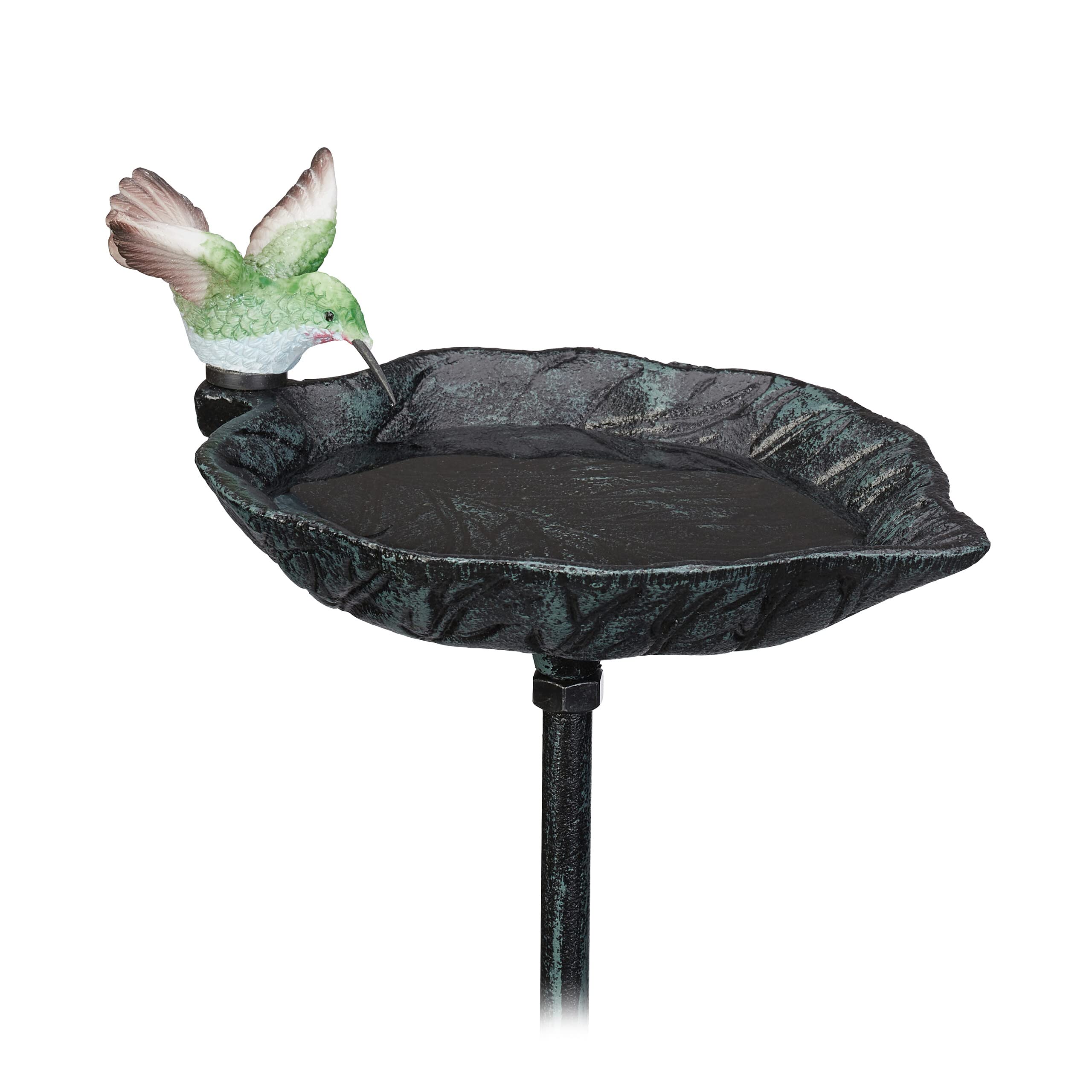 Relaxdays Bebedero Pájaros Piqueta Hierro Fundido, Decoración Jardín, Bañera Aves, Verde Oscuro, 100,5 x 13,5 x 19 cm Aprox