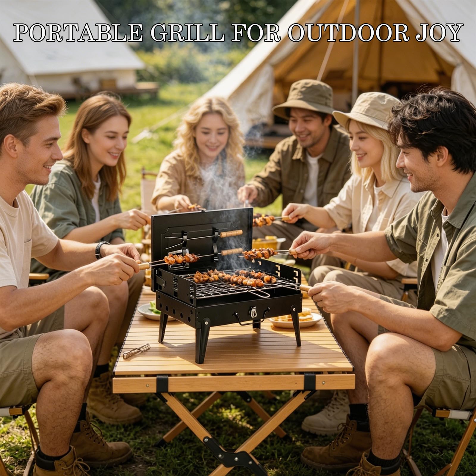 Holzkohlegrill BBQ Grill mit Deckel und Schornstein, Tragbarer Outdoor Campinggrill Smoker mit Doppelter Luftzufuhr, 2 Kohleschalen und Holzgriff für Garten, Terrasse und Picknick