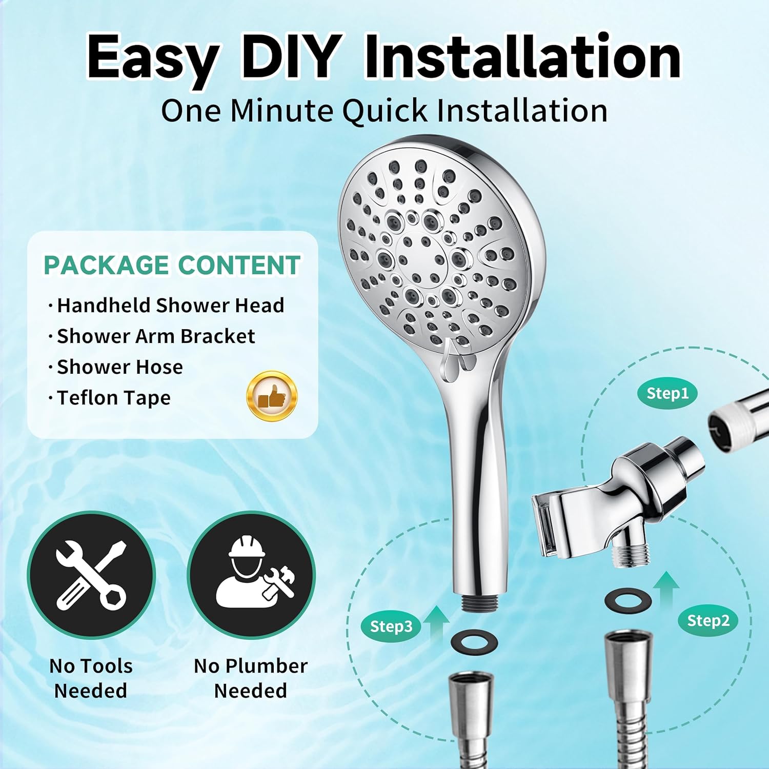 BRIGHT SHOWERS High Pressure Shower Head with Handheld, 9 Spray Settings Showerhead Built in Power Wash to Clean Tub and Pets, Extra Long 69" Hose, Adjustable Bracket, Chrome