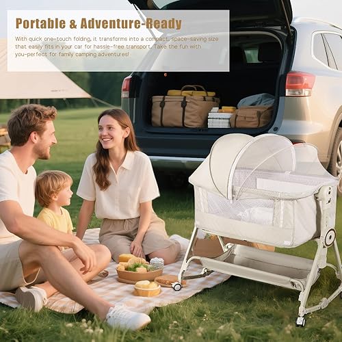 Miniatura 6 de Cuna de bebé 5 en 1, moisés de noche para bebé con colchón, mesa de pañales, capa de almacenamiento, mosquitera, altura ajustable de 7 niveles,