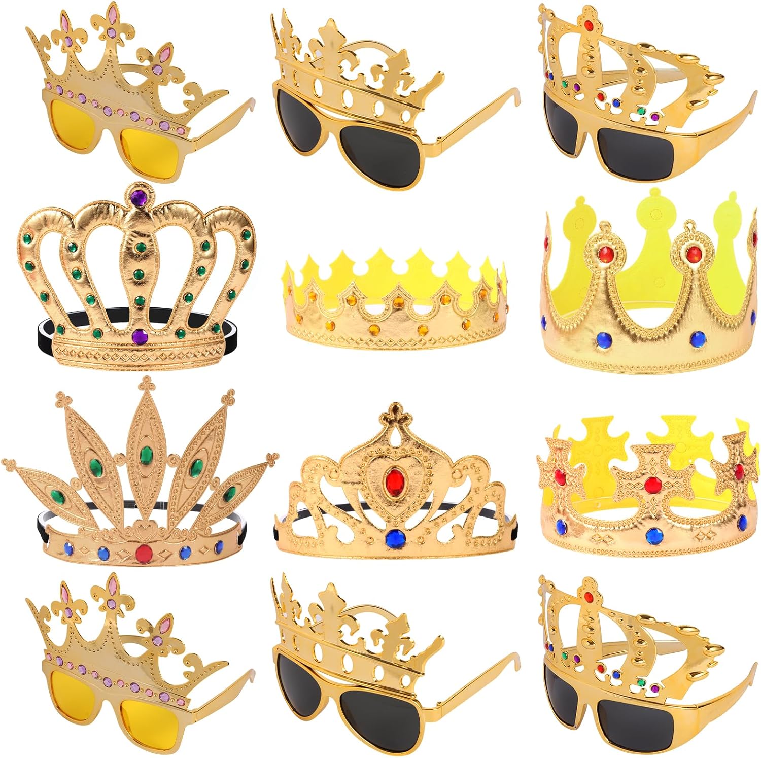 12pcs Party Gift Crown Glasses Adjustable King Crown Hat Crown Sunglasses Crown funny glasses for Party Photo Props Kids Party King Queen Prince Princess Costume Accessories Dress-Up Supplies