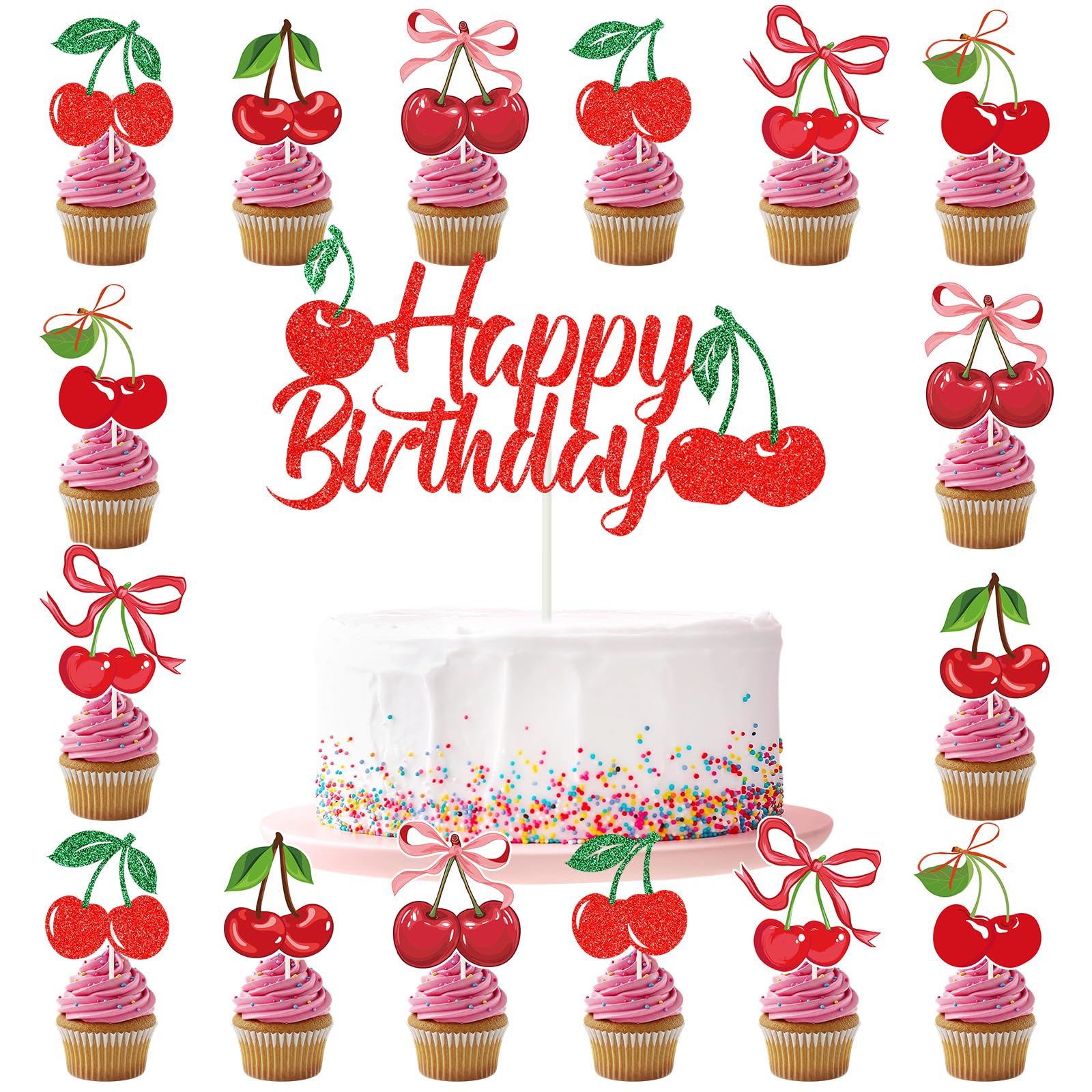 VorkiVecKi Cherry Cupcake Toppers Decorations - 25 Pcs Cherries Happy Birthday Party Decors Sets for Girls Women Red Fruit Dessert Insert Picks
