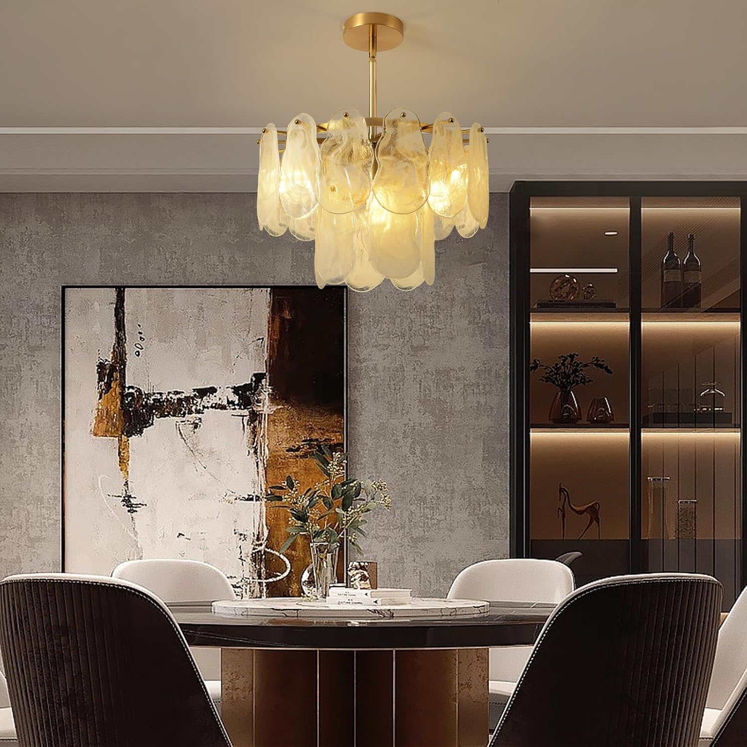 Gold Modern Crystal Chandeliers 16.4in 2 Tier Pendant Light Fixtures 6-Light Round Cloud Glass Chandelier White and Gold Hanging Lighting for Dining Living Room Kitchen Island Bedroom Hallway