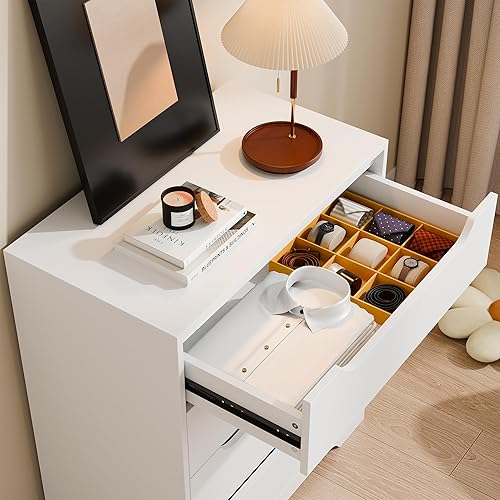 Miniatura 7 de Cozy Castle Cómoda Moderna de 4 Cajones Organizador de Almacenamiento, Cómodas de Madera y Cajoneras con Riel de Metal Liso, Blanco