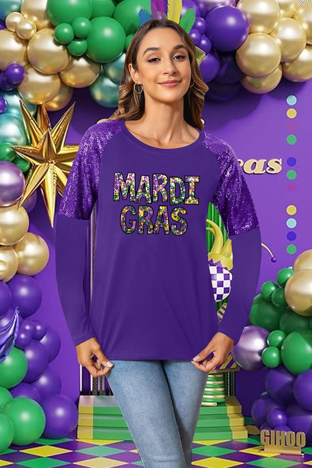 Mardi Shirts for Women Carnival Fat Tuesday Shirt New Orleans Party Mardi Outfit Gifts Sequin Long Sleeve Tee Top - Image 5