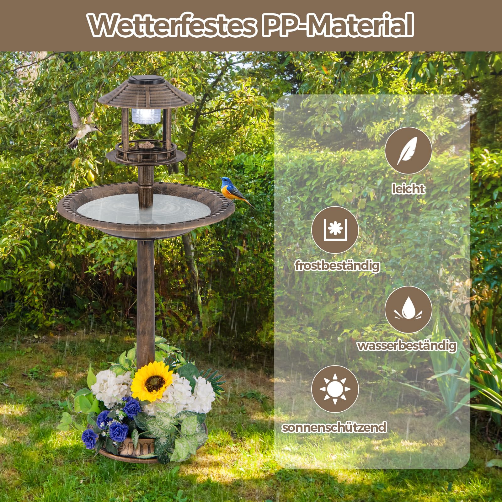 COSTWAY Vogeltränke mit Solarleuchte, Blumentopf, Vogelfutterhaus & Ständer, Vogelfutterstation Retro, Futterspender Vogelfutterspender, Wildvögel Vogelbad Garten, Ø50x107cm (Bronze)